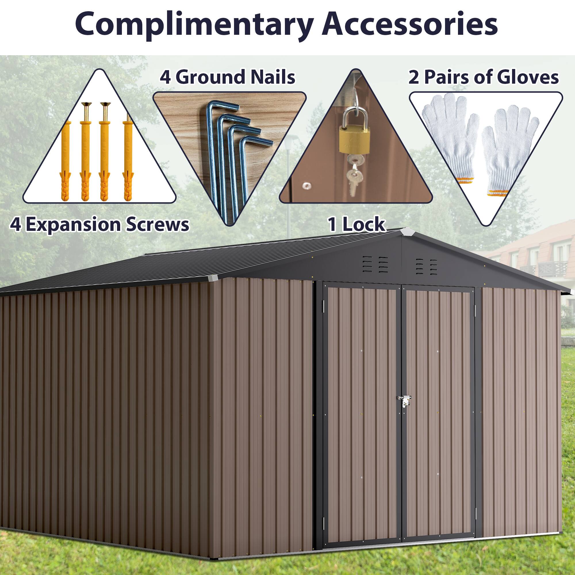 Complimentary Accessories

- 4 Ground Nails
- 4 Expansion Screws
- 1 Lock
- 2 Pairs of Gloves