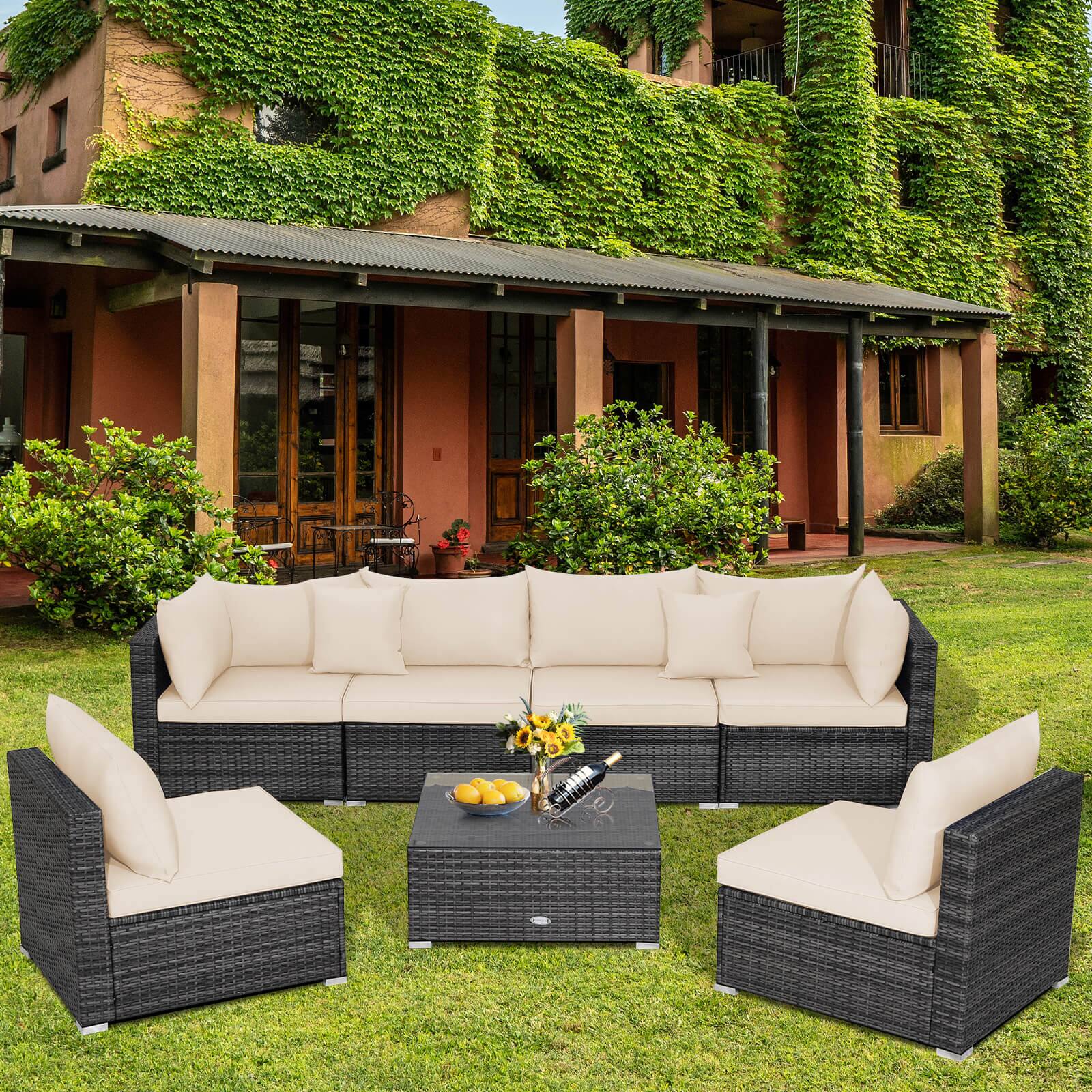 Alt View 4. Costway - 7PCS Patio Rattan Furniture Set Sectional Sofa Cushioned Garden - Mix Gray,Brown.