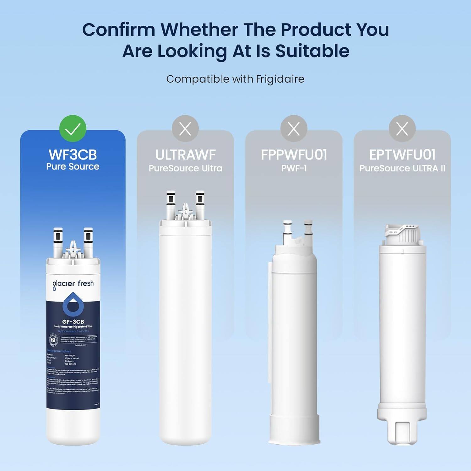 Confirm Whether The Product You Are Looking At Is Suitable

Compatible with Frigidaire

- WF3CB Pure Source
- ULTRAWF PureSource Ultra
- FPPWFU01 PWF-1
- EPTWFU01 PureSource ULTRA II

glacier fresh
GF-3CB
Ice & Water Refrigerator Filter