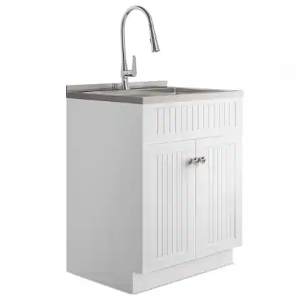 Front. Simpli Home - Beckham All-in-One 28-inch Utility Sink & Cabinet - Pure White.