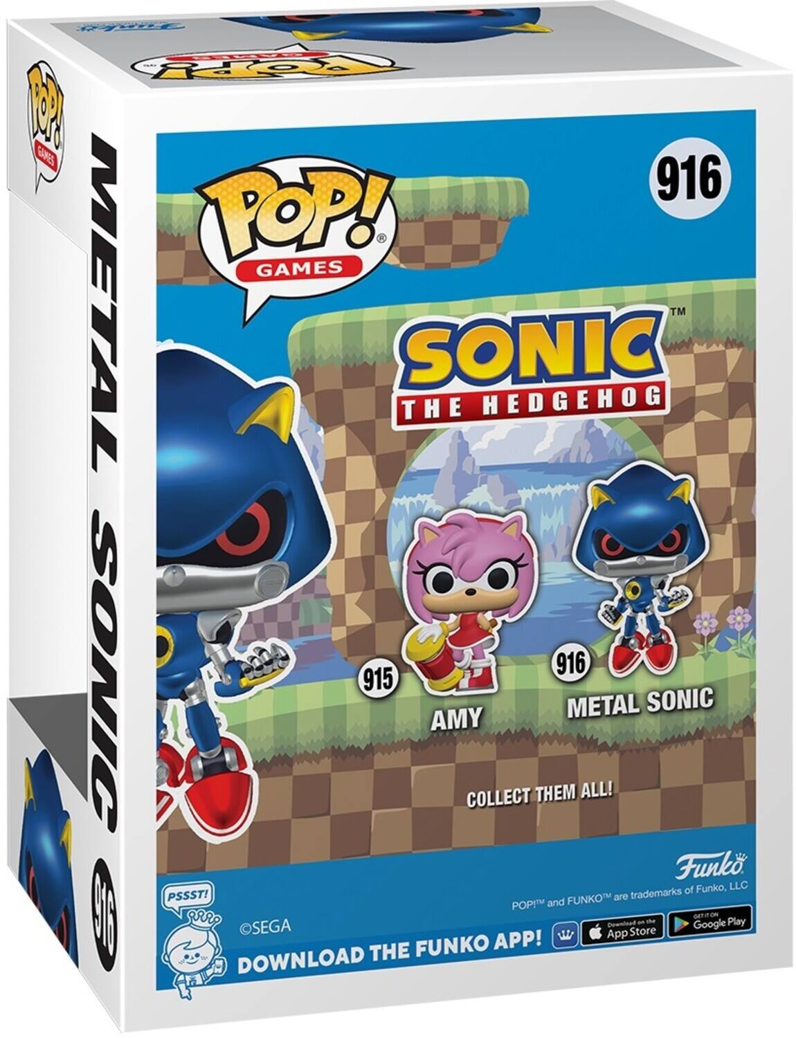2 GARES POP! 916 POP! GAMES METAL SONIC THE HEDGEHOG TM SONIC 916 915 METAL SONIC AMY COLLECT THEM ALL! Funko, LLC PSSST! FUNKO™ are trademarks of Funko, LLC. Download the FUNKO APP! App Download Store on Google Play.