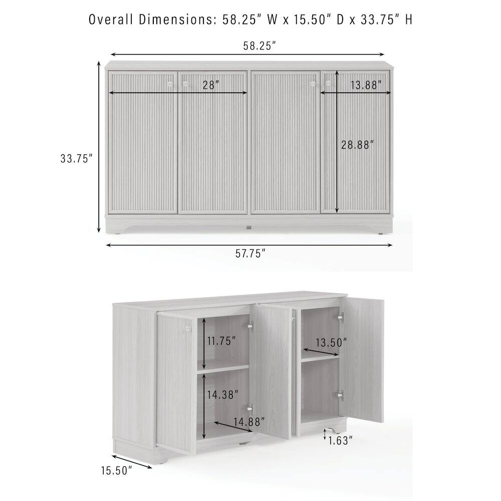 Overall Dimensions: 58.25" W x 15.50" D x 33.75" H

- 58.25" W
- 15.50" D
- 33.75" H

- 28" W
- 13.88" D
- 28.88" H

- 57.75" W
- 11.75" D
- 13.50" D
- 14.38" D
- 14.88" D
- 1.63" D