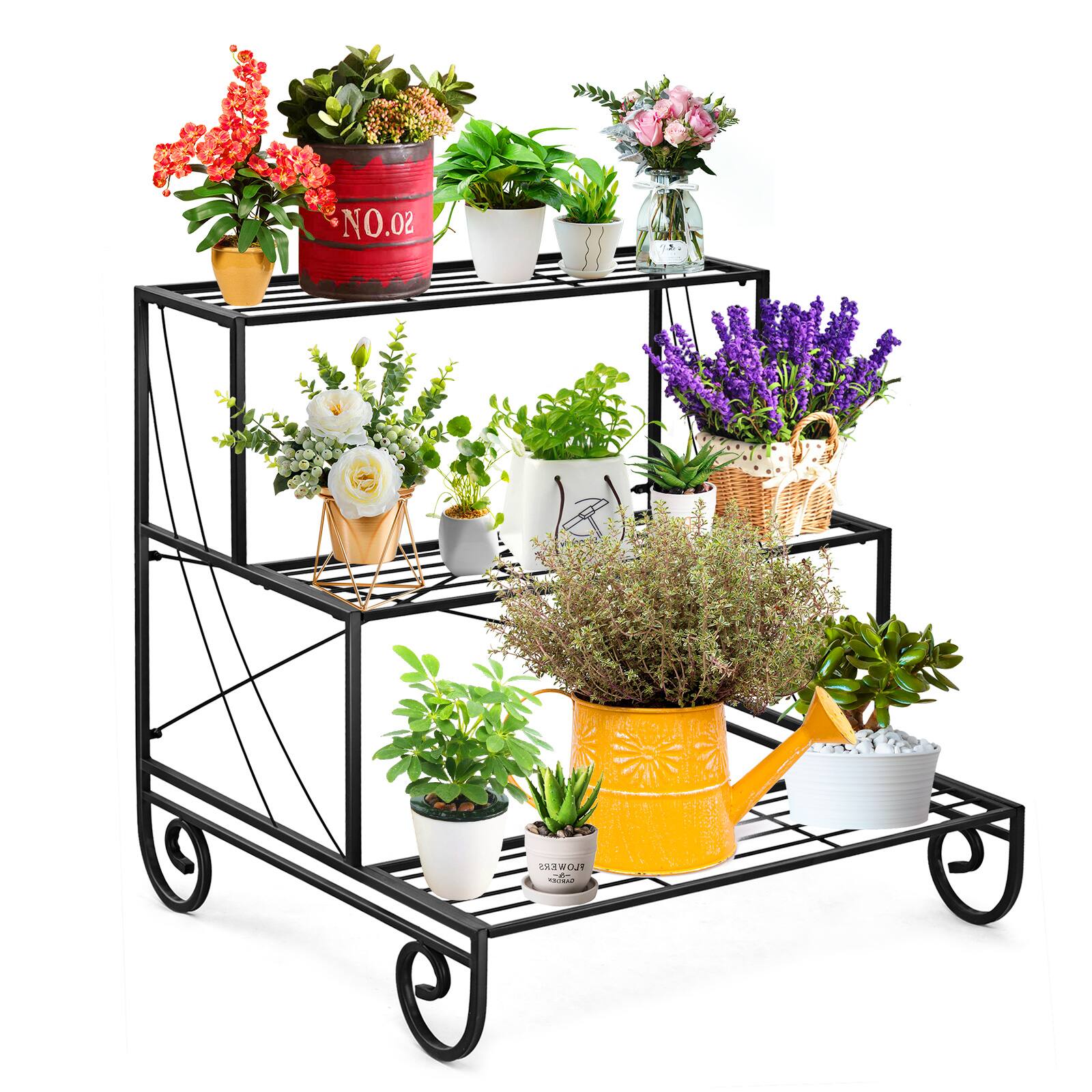 The image features a black metal shelf with a variety of potted plants and flowers. There are at least 11 potted plants and 12 vases on the shelf, each containing different types of flowers and plants. The shelf is filled with a diverse assortment of greenery, creating an aesthetically pleasing display.
