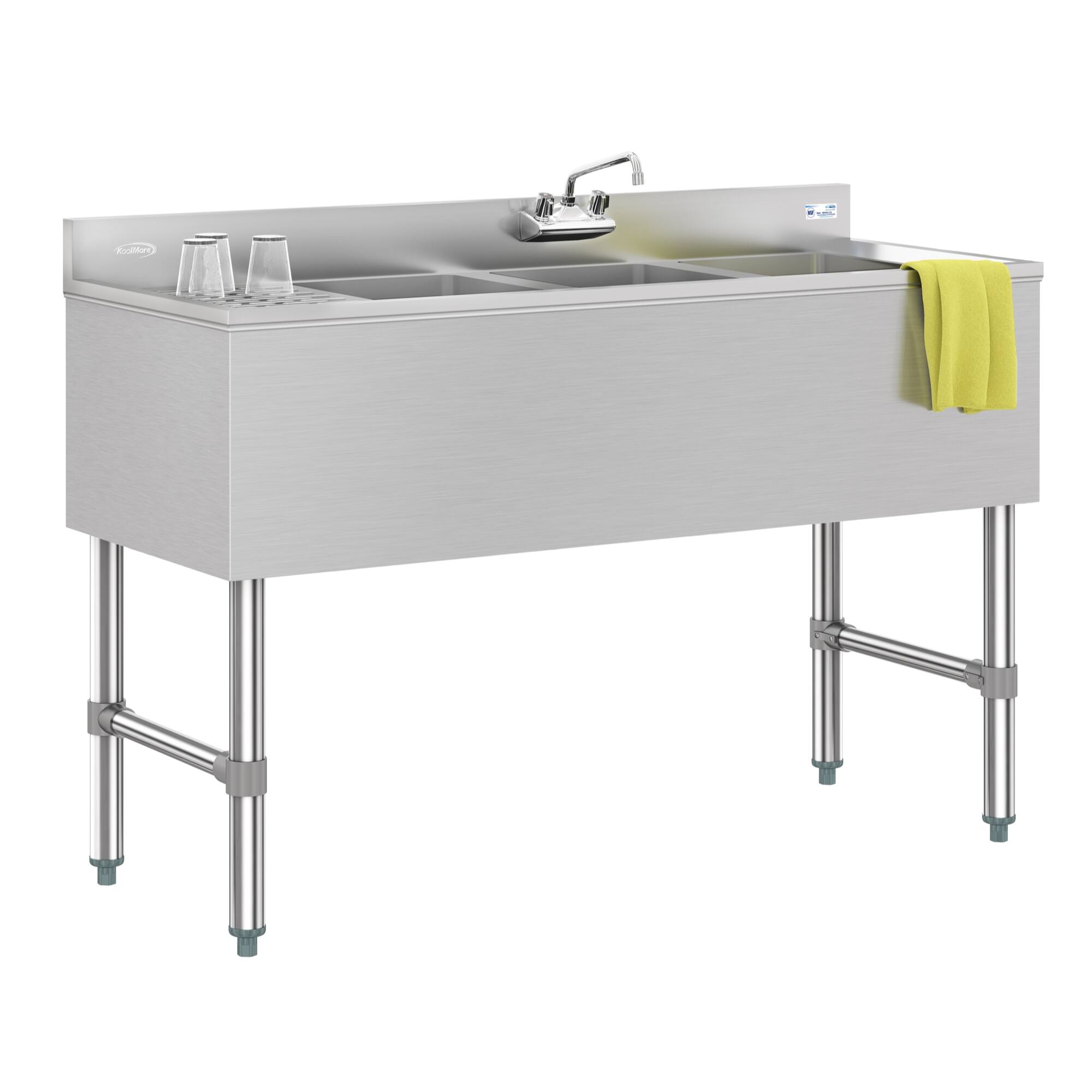 Angle. Koolmore - 48 in. Three-Compartment  Under-Bar Sink with 3 in. Backsplash, Left Drainboard and Low Lead Faucet, NSF - Stainless Steel.