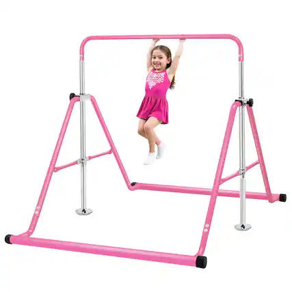 Front. Brick Attic - Gymnastics Bar for Kids Height Adjustable Horizontal Bar Folding Gymnastics Junior Training Bar - Pink.