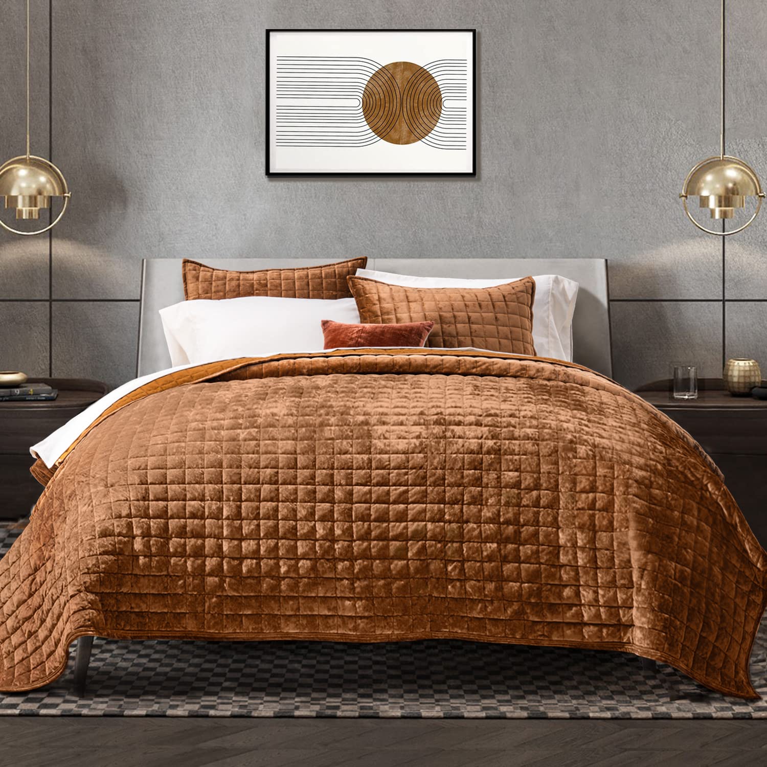 NICHOLAS KLEIN - Luxury Quilt Set King Comforter Oversized Bedspread Coverlet Quilted Bedding With 2 Matching Pillow Shams F - Rusty Burnt Orange Full/Queen (88" x 92")