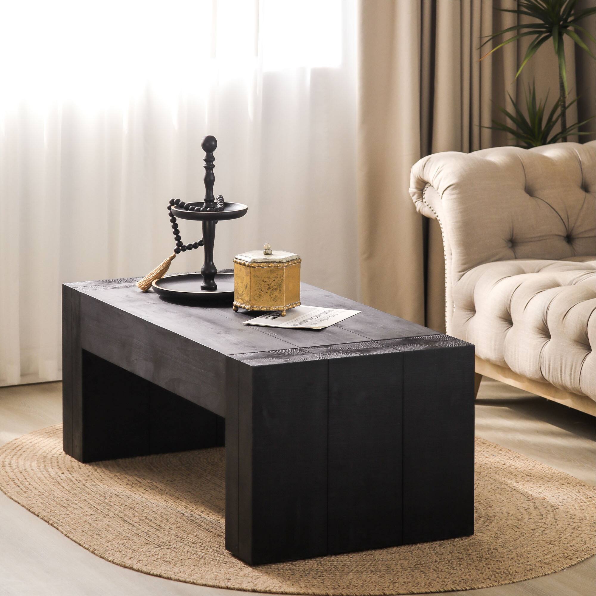 Left. GOODSILO - Contemporary Solid Wood Rectangular Coffee Table for Modern Living Room Decor - Black+Wood.