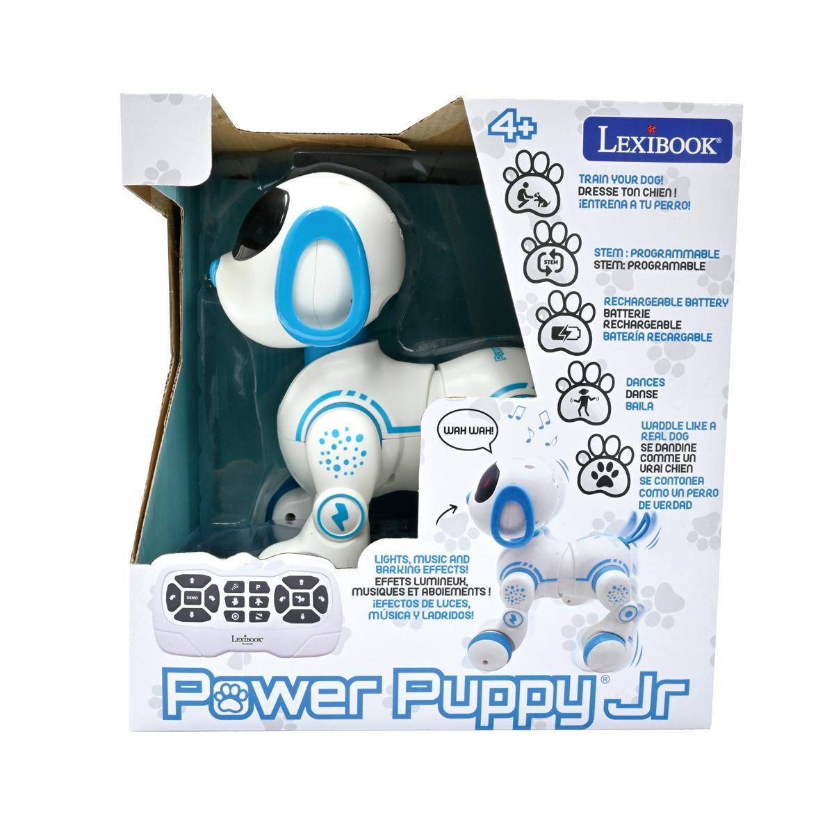 4+ LEXIBOOK TRAIN YOUR DOG! DRESSE TON CHIEN! ENTRENA A TU PERRO! STEM: PROGRAMMABLE RECHARGEABLE BATTERY BATTERIE RECHARGEABLE BATERIA RECARGABLE DANCES DANSE BRILA WAH WAH WADDLE LIKE A REAL DOG SE DANDINE COMME UN CHIEN SE CONTONEA COMO UN PERRO DE VERDAD - 1 4 4 P S 1 I LIGHTS, MUSIC AND BARKING EFFECTS! EFFETS LUMINEUX, MUSIQUES ET ABOIEMENTS! EFECTOS DE LUCES, MUSICA Y LADRIDOS! Leswra Power Puppy Jr