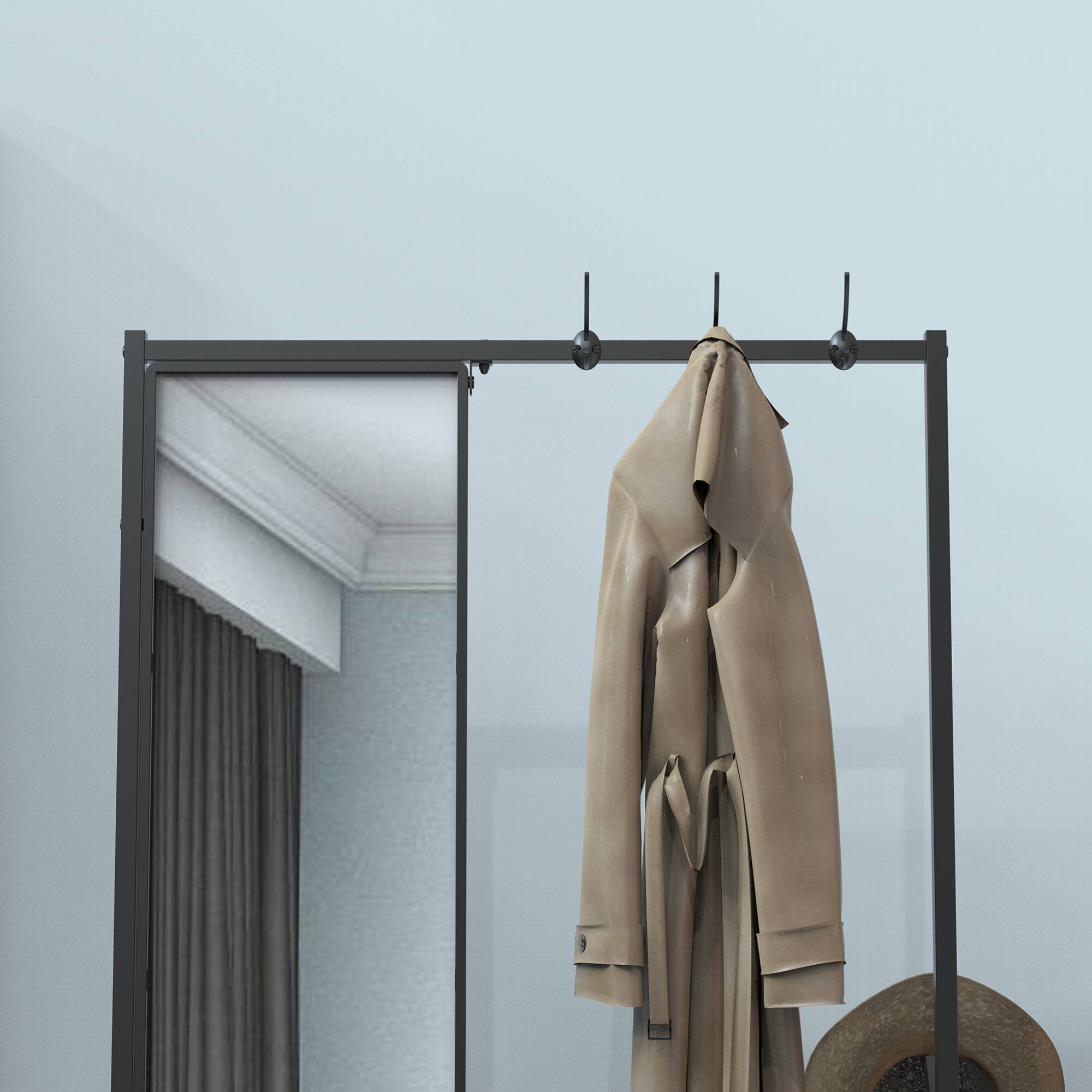 Alt View 10. GOODSILO - Multifunctional Wall-Mounted Coat Rack with Integrated Mirror and Shoe Storage for Entryway Organization - Black+Brown.