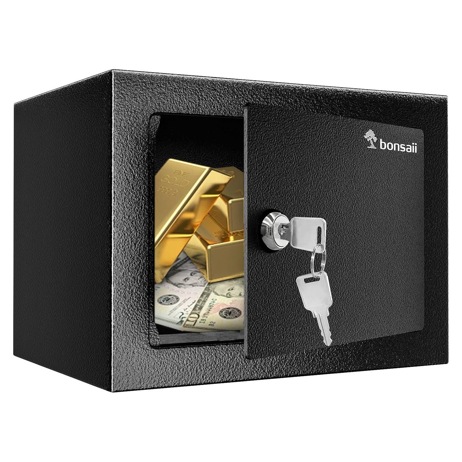 Bonsaii - 0.22 Cubic Feet Safe Box - Steel Construction with Key Lock, Compact Hidden Safe for Home - Ideal for Storing Cash - Black