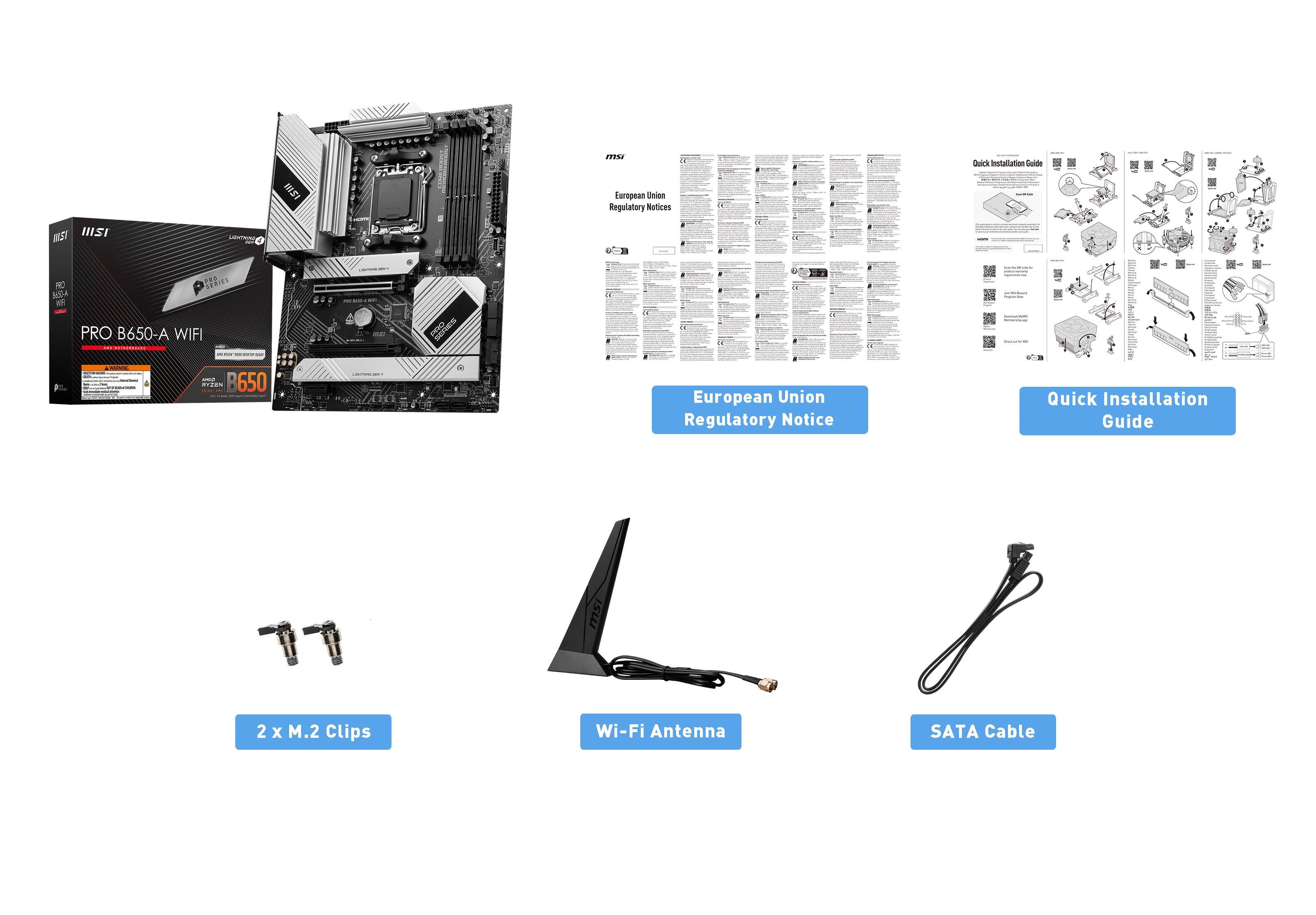 The image shows a computer system with its components laid out. The components include a motherboard, a CPU, a Wi-Fi antenna, a SATA cable, and a guide for installation. The image also features a booklet that provides information about the computer system, including a European Union Regulatory Notice. The components are arranged in a way that allows for easy identification and understanding of the system's structure.
