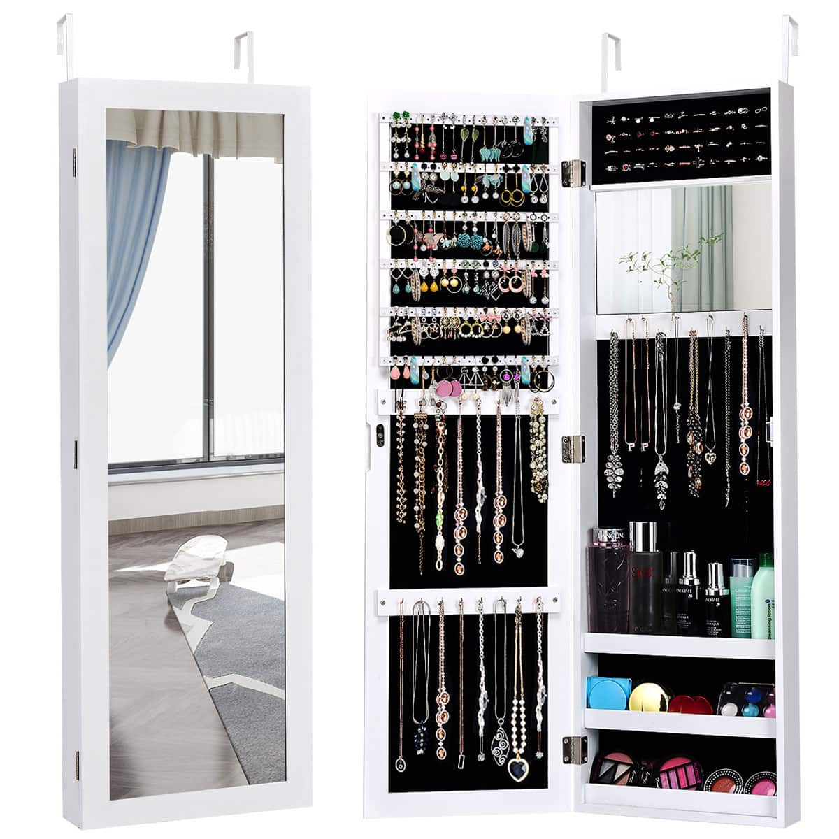 Front. Costway - Wall Door Mounted Mirrored Jewelry Cabinet Storage Organizer White - White.