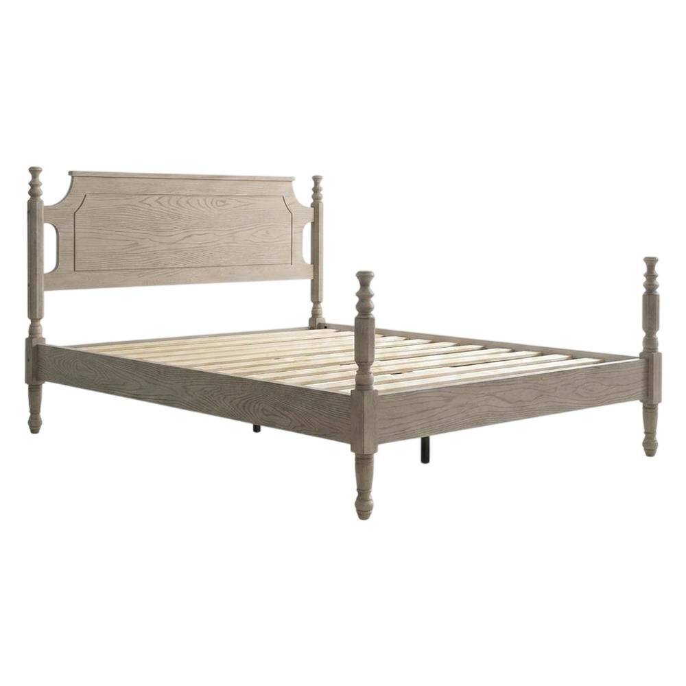 Left. FurniFact - Solid Wood Platform Bed with Headboard - Driftwood Gray Oak.