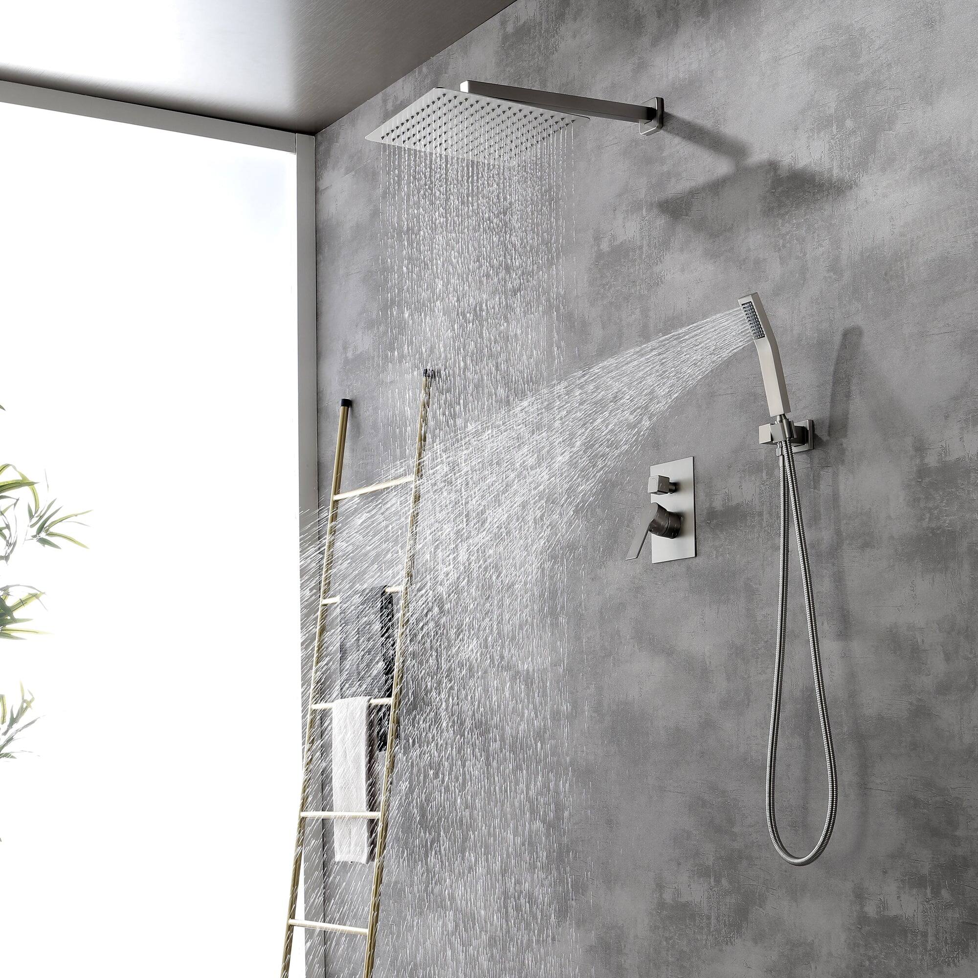 Back. Boyel Living - 1-Spray Patterns with 2.5 GPM 12 in. Wall Mount Dual Shower Heads with Pressure Balance Valve in Brushed Nickel - Brushed Nickel.