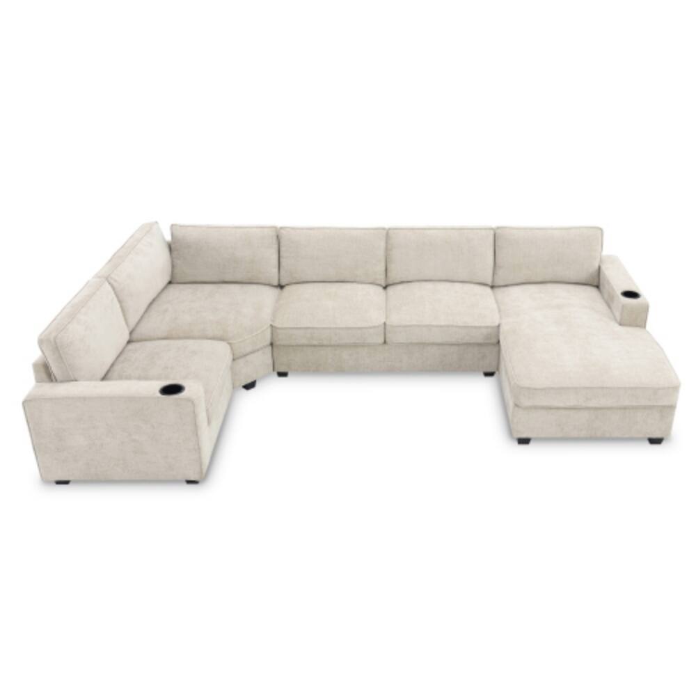 Alt View 5. LUCKY ONE - 119" U-Shaped 6-Seat Chenille Sectional Sofa w/ Cup Holders Oversized Chaise Lounge - Beige.