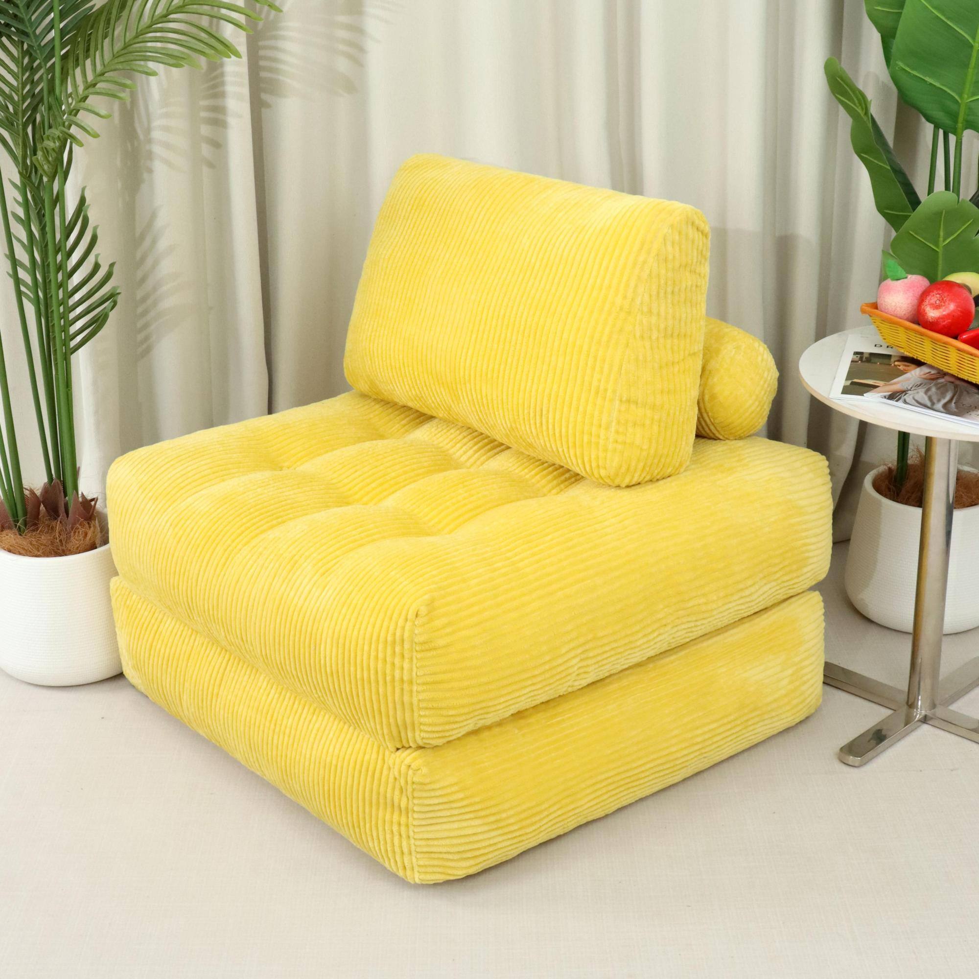 Back. GOODSILO - Corduroy Fabric Beanbag Couch for Living Room, Bedroom and Dorm, Cozy Fluffy Cloud Mini Couch - Yellow.
