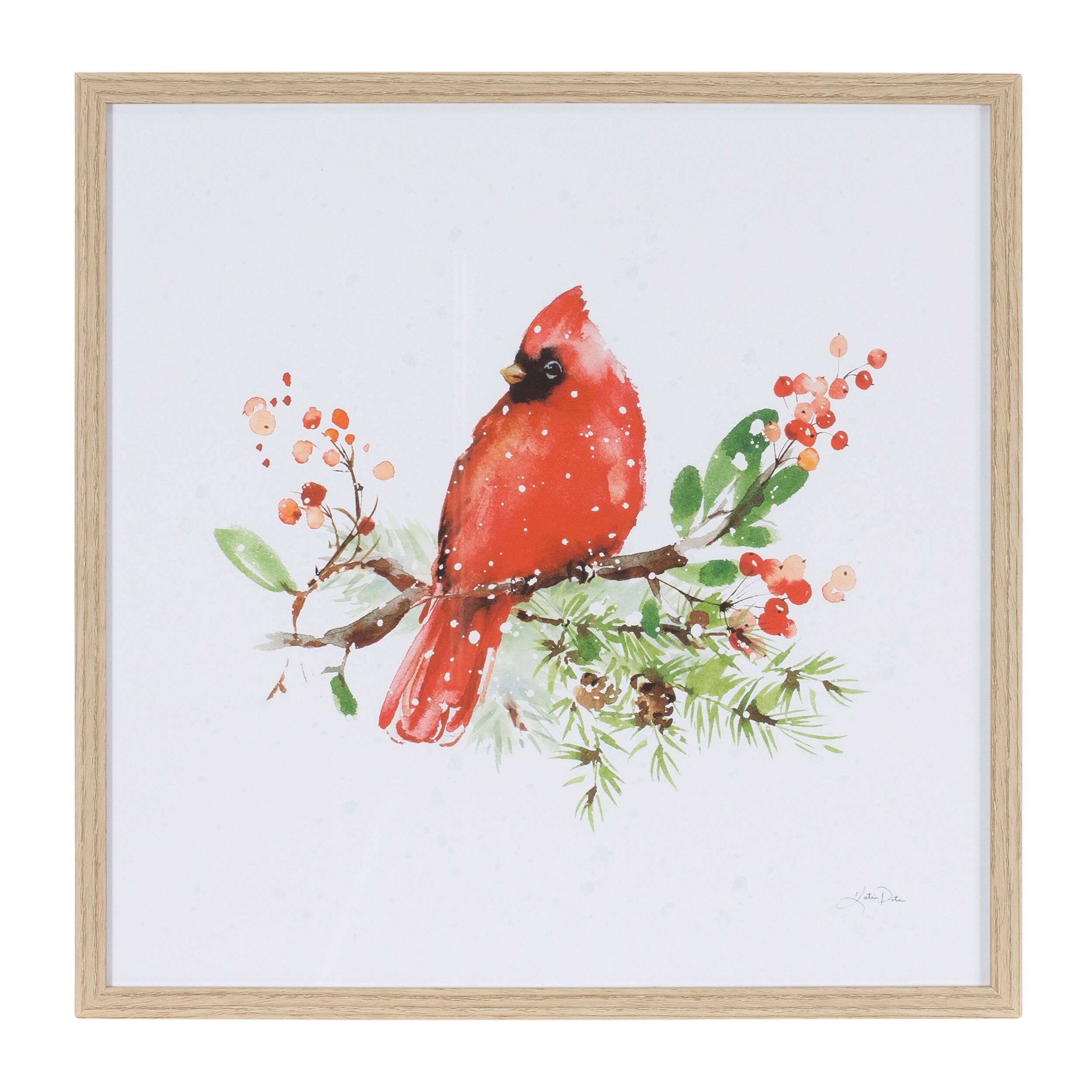 Left. BreeBe - Framed Winter Cardinal Print Under Glass (Set of 2) - White, Red, Green.
