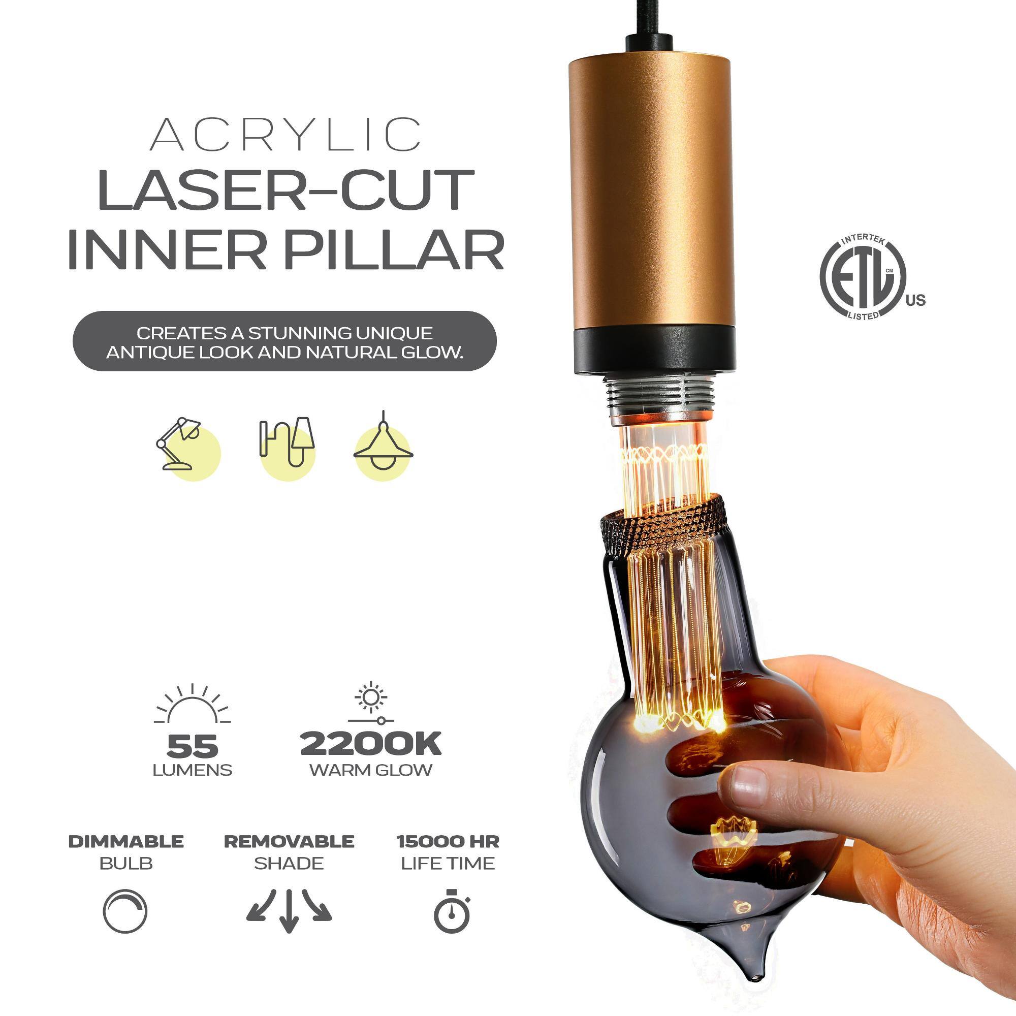 ACRYLIC LASER-CUT INNER PILLAR CREATES A STUNNING UNIQUE ANTIQUE LOOK AND NATURAL GLOW. INTERTEK ETL US LISTED 55 LUMENS 2200K WARM GLOW DIMMABLE REMOVABLE SHADE 15000 HR BULB LIFE TIME