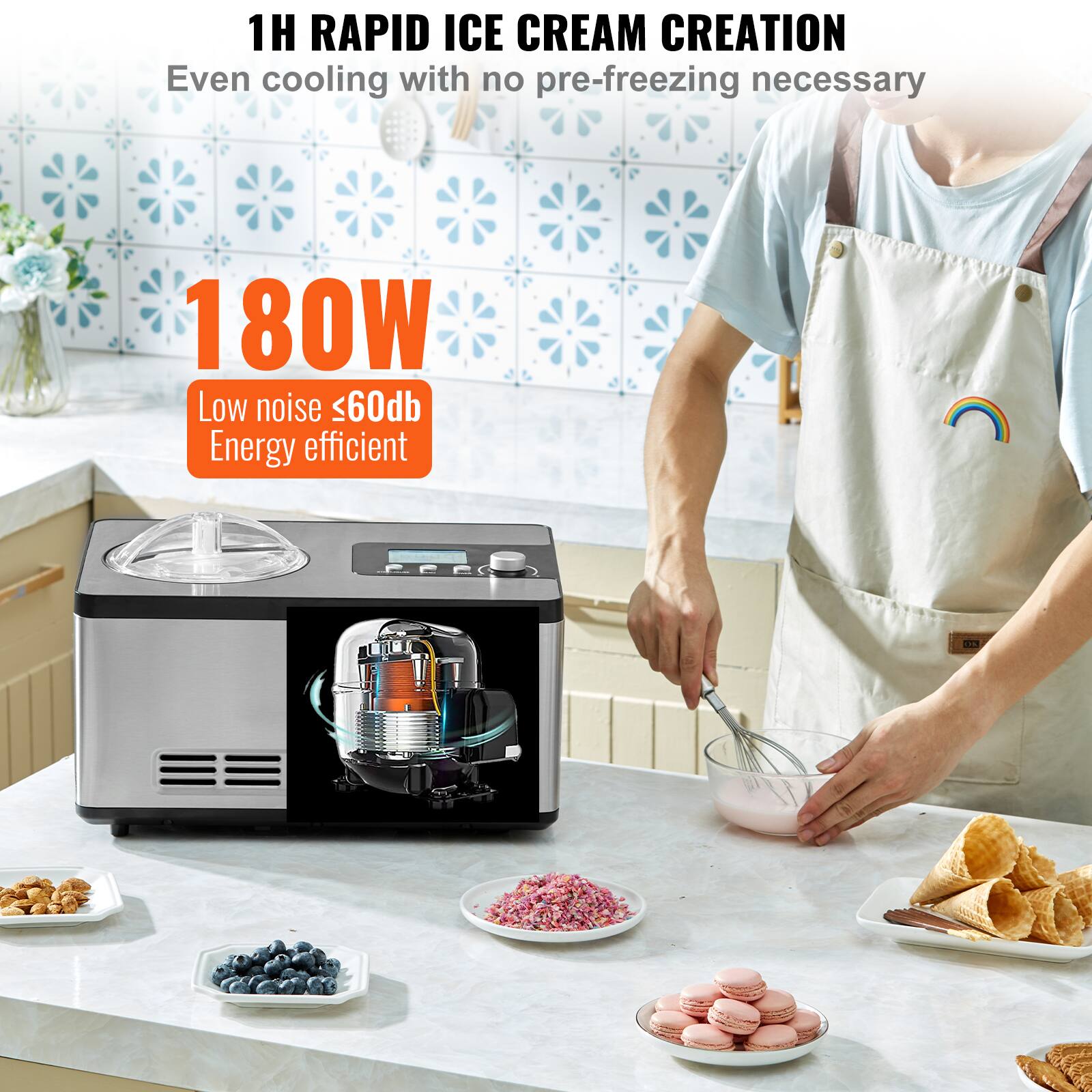 1H RAPID ICE CREAM CREATION  
Even cooling with no pre-freezing necessary  

180W  
Low noise ≤60db  
Energy efficient