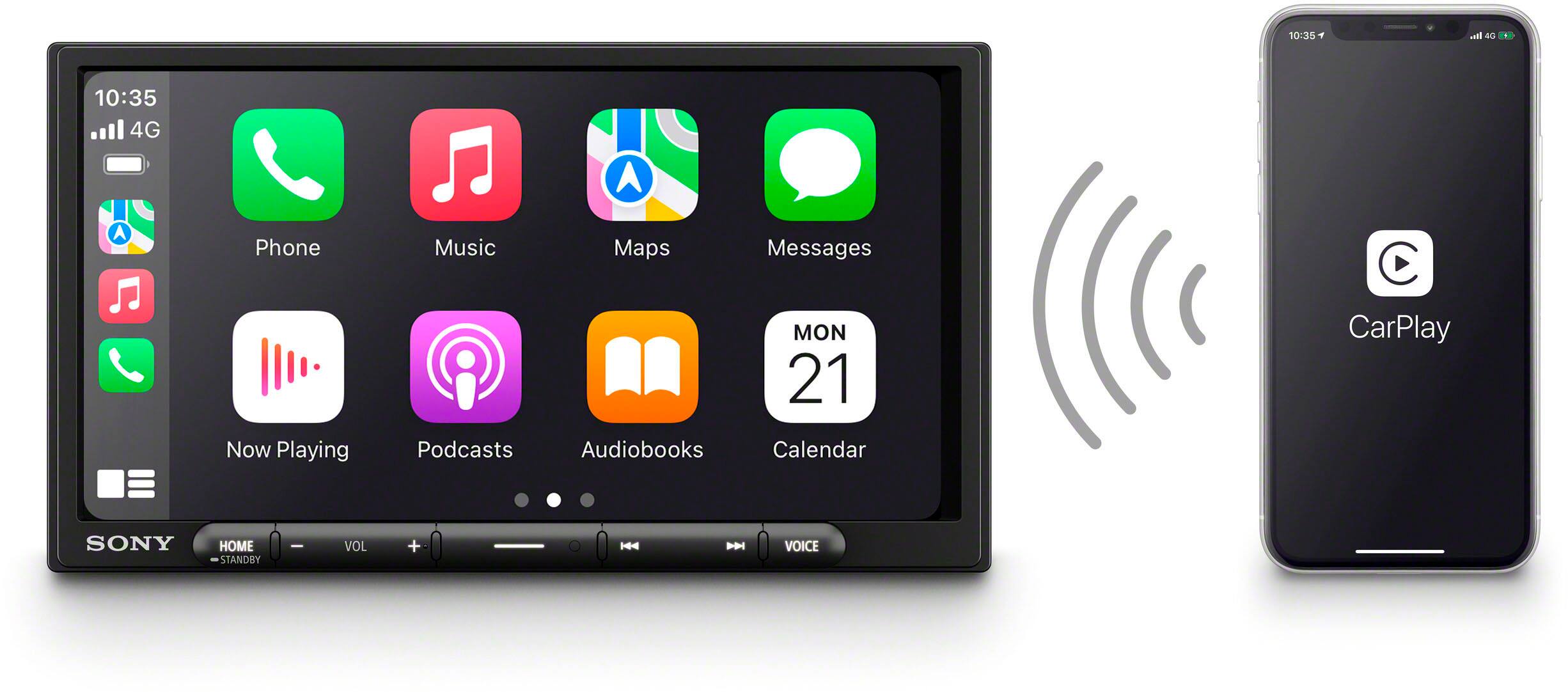The text on the image reads: "10:35 4G 10:35 4G Phone Music Maps Messages Now Playing Podcasts Audiobooks MON 21 Calendar CarPlay SONY HOME STANDBY - VOL + |4 |4 VOICE."