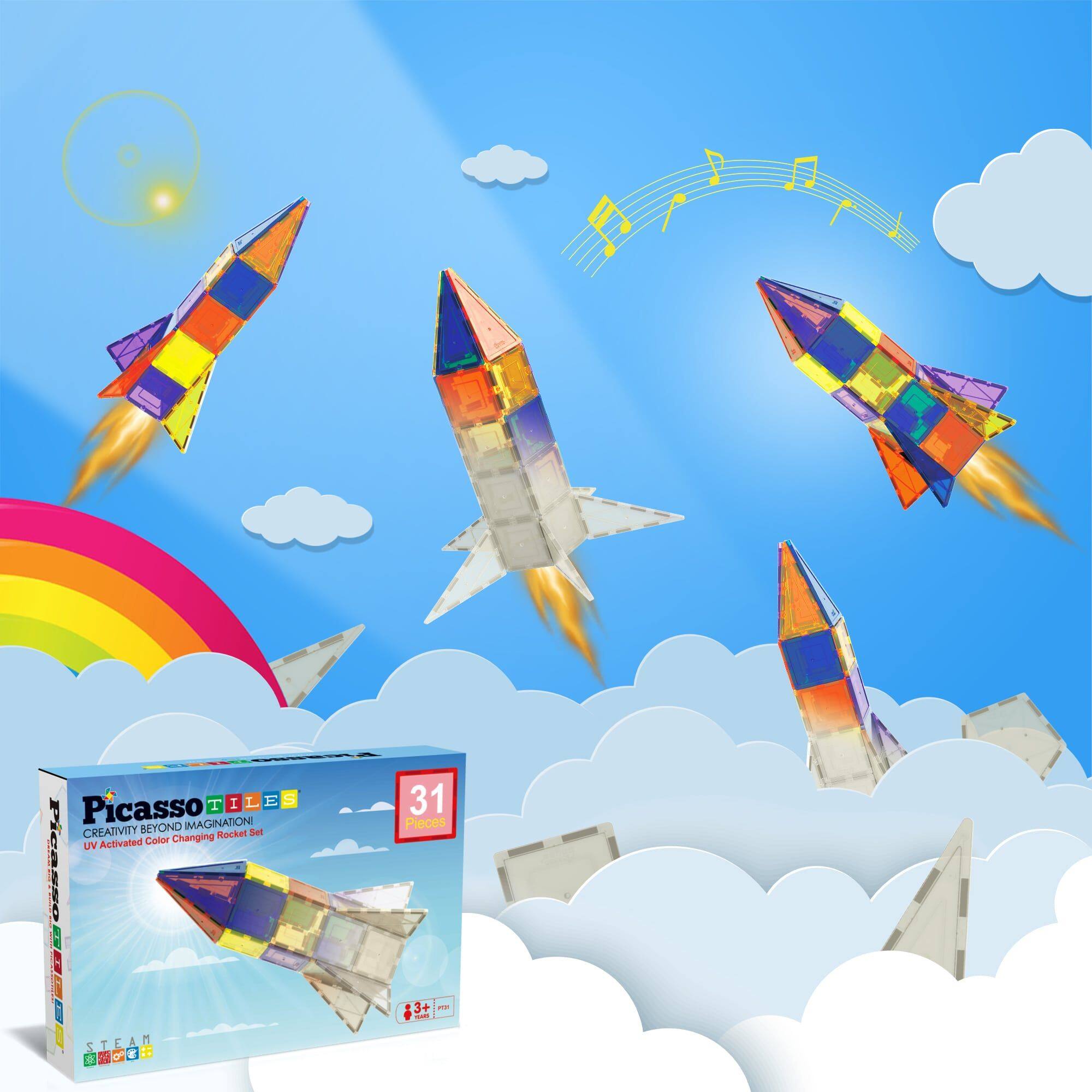 TILES  
Picasso  
IMAGINATION  
CREATIVITY BEYOND  
Rocket Set  
Activated Color Changing  
UN  
Pieasso  
B8CE  
STEAM  
TEA  
1  
S  
of  
E  
o  
31 Pieces  
3+