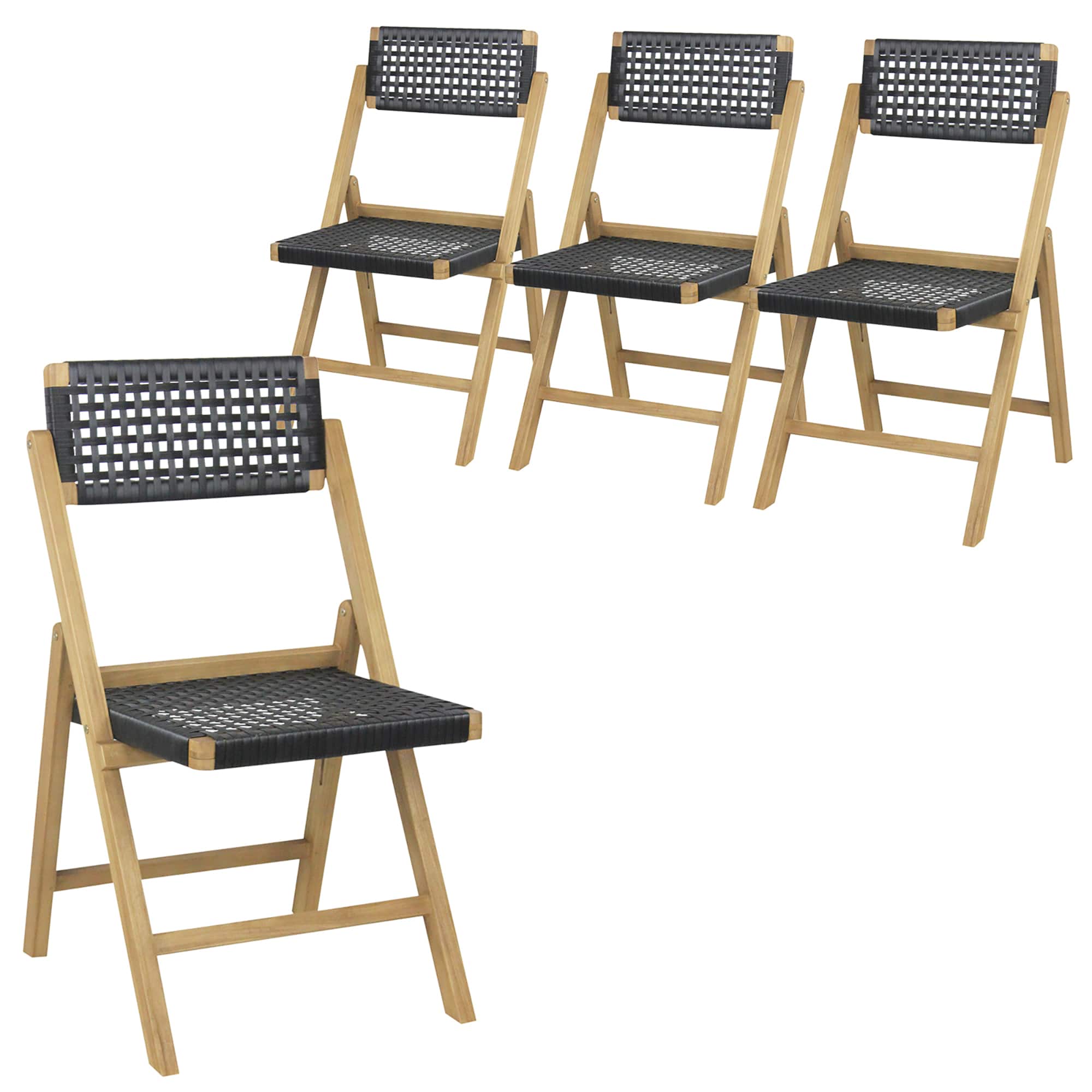 Gymax - 4PCS Folding Chairs w/ Woven Rope Seat & High Back Indonesia Teak Patio - Natural, Black