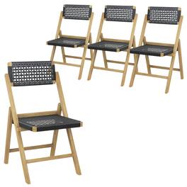Gymax - 4PCS Folding Chairs w/ Woven Rope Seat & High Back Indonesia Teak Patio - Natural, Black