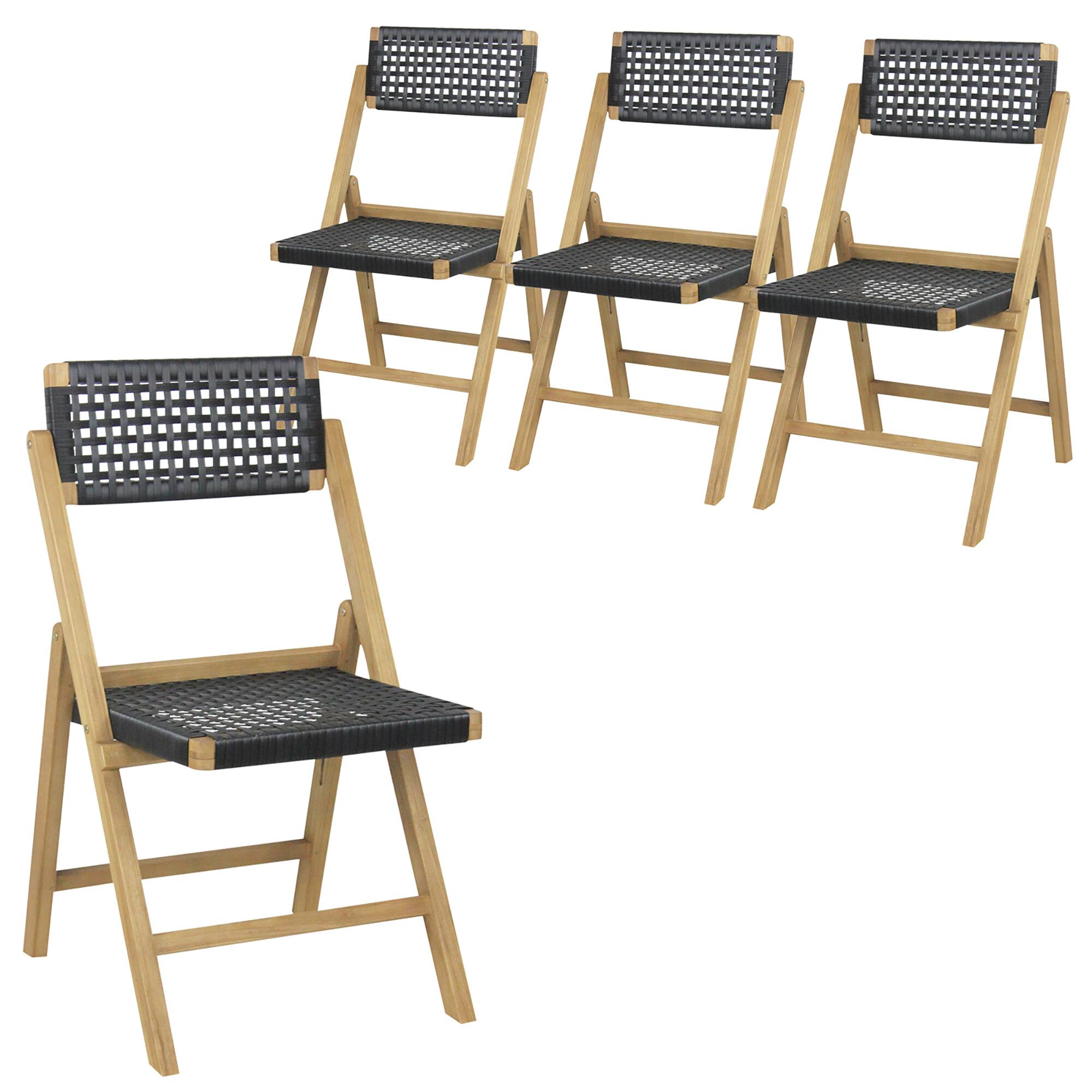 Front. Gymax - Gymax 4PCS Folding Chairs w/ Woven Rope Seat & High Back Indonesia Teak Patio - Natural, Black.