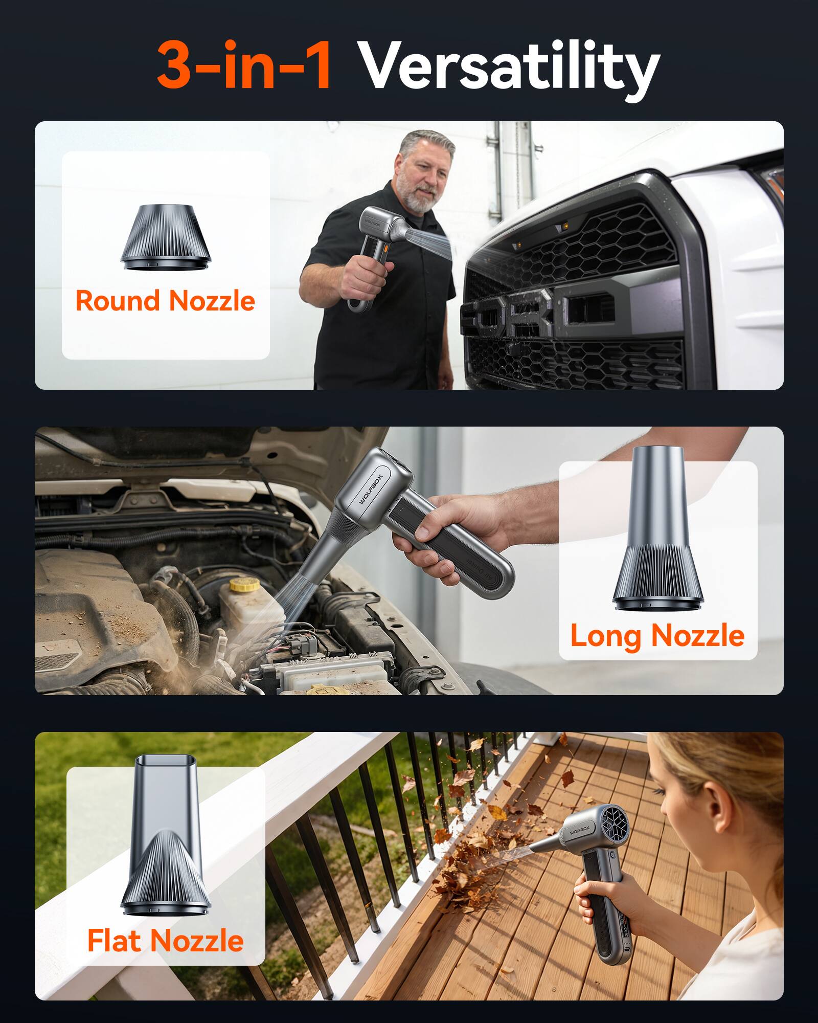 3-in-1 Versatility

Round Nozzle

Long Nozzle

Flat Nozzle
