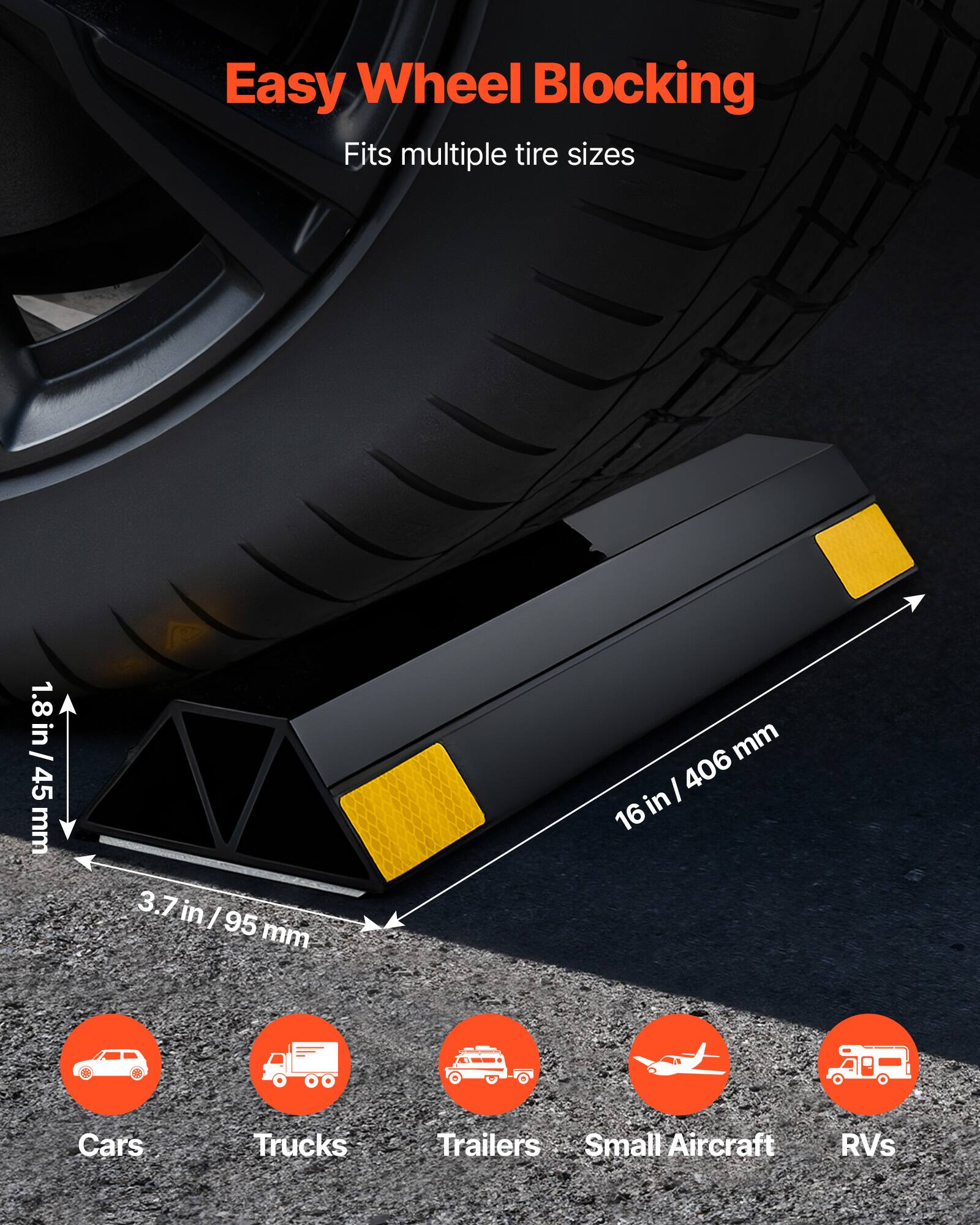 Easy Wheel Blocking  
Fits multiple tire sizes  
1.8 in / 45 mm  
16 in / 406 mm  
3.7 in / 95 mm  
Cars Trucks Trailers Small Aircraft RVs