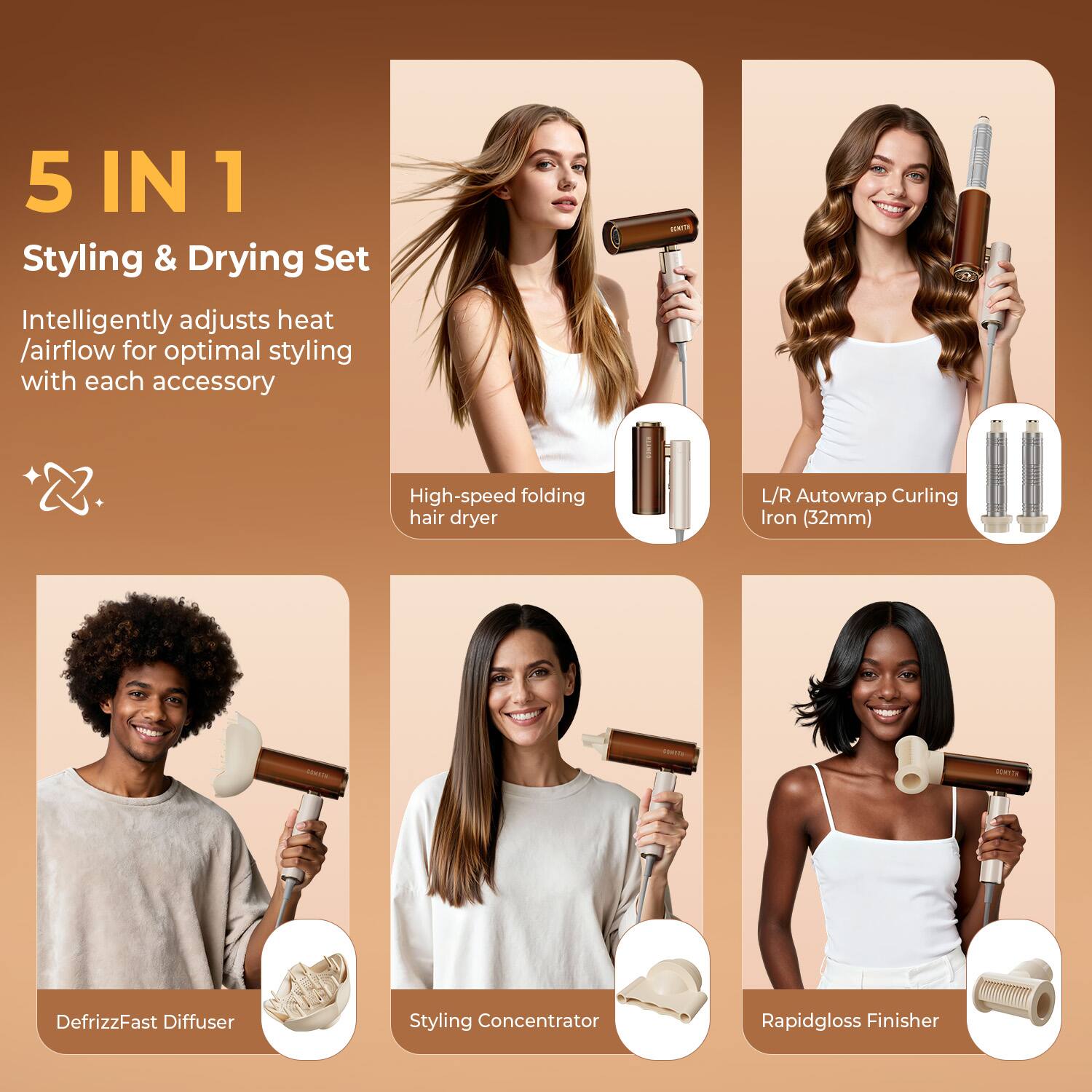 5 IN 1 Styling & Drying Set  
Intelligently adjusts heat/airflow for optimal styling with each accessory  
- High-speed folding hair dryer  
- L/R Autowrap Curling Iron (32mm)  
- DefrizzFast Diffuser  
- Styling Concentrator  
- Rapidgloss Finisher