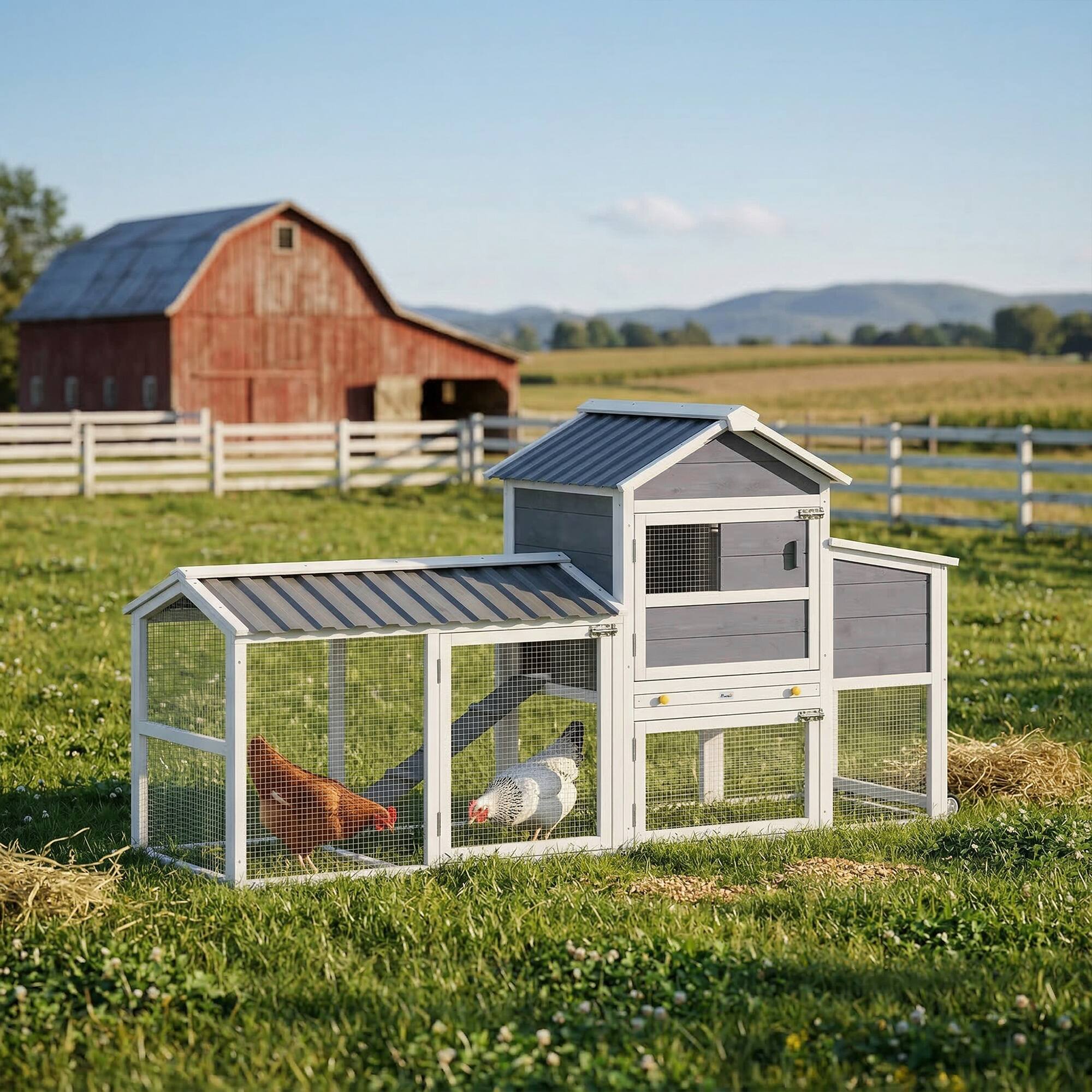 Alt View 1. Pawhut - Coop with Wheels, 80" L Mobile Hen House with Run, Outdoor Wooden Chicken House with Nesting Box - Gray.