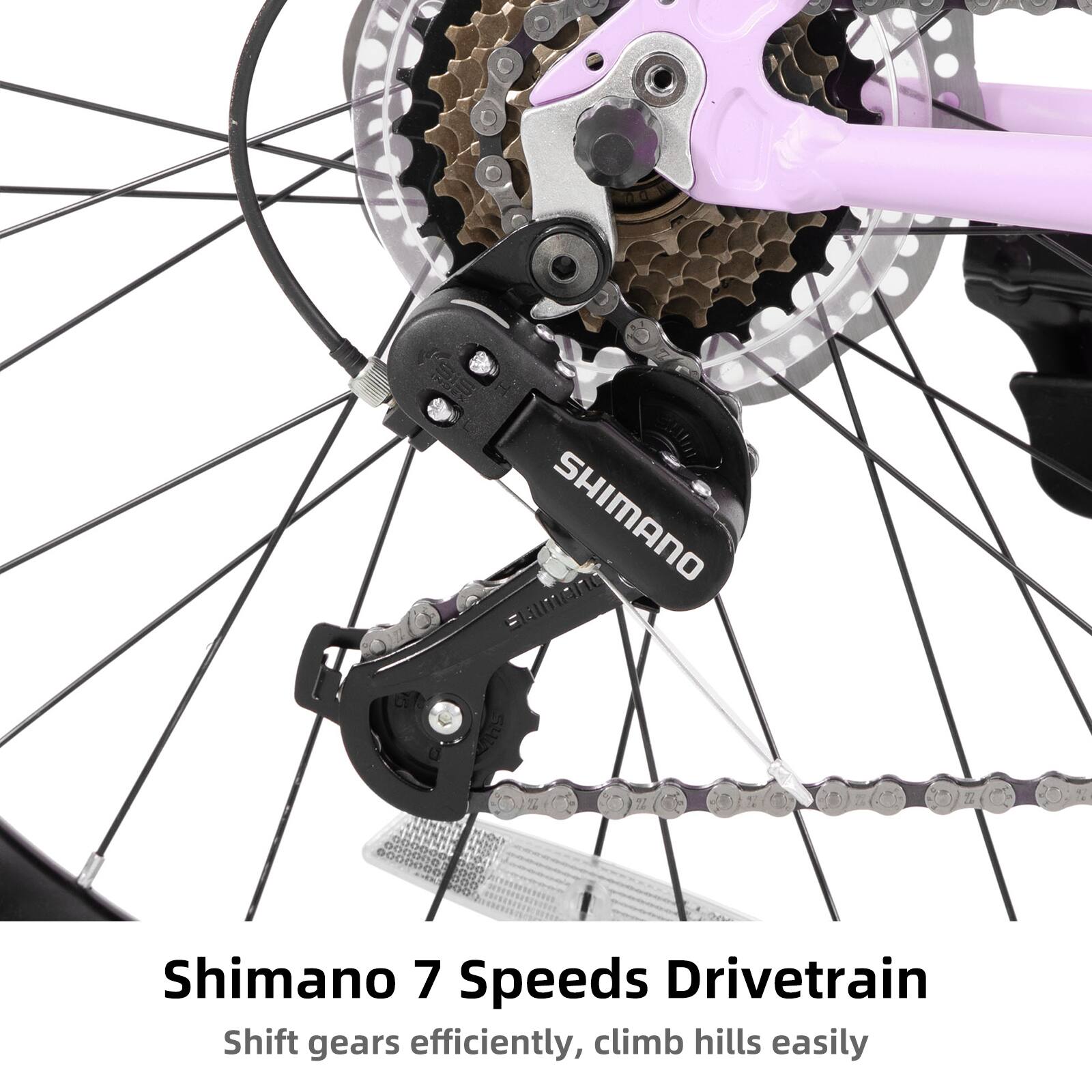 Shimano 7 Speeds Drivetrain  
Shift gears efficiently, climb hills easily