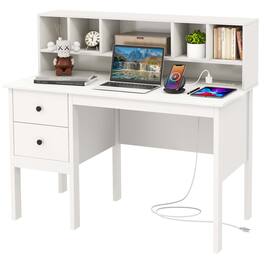 Costway - Writing Desk with Power Outlet and 5-Cubby Hutch - White