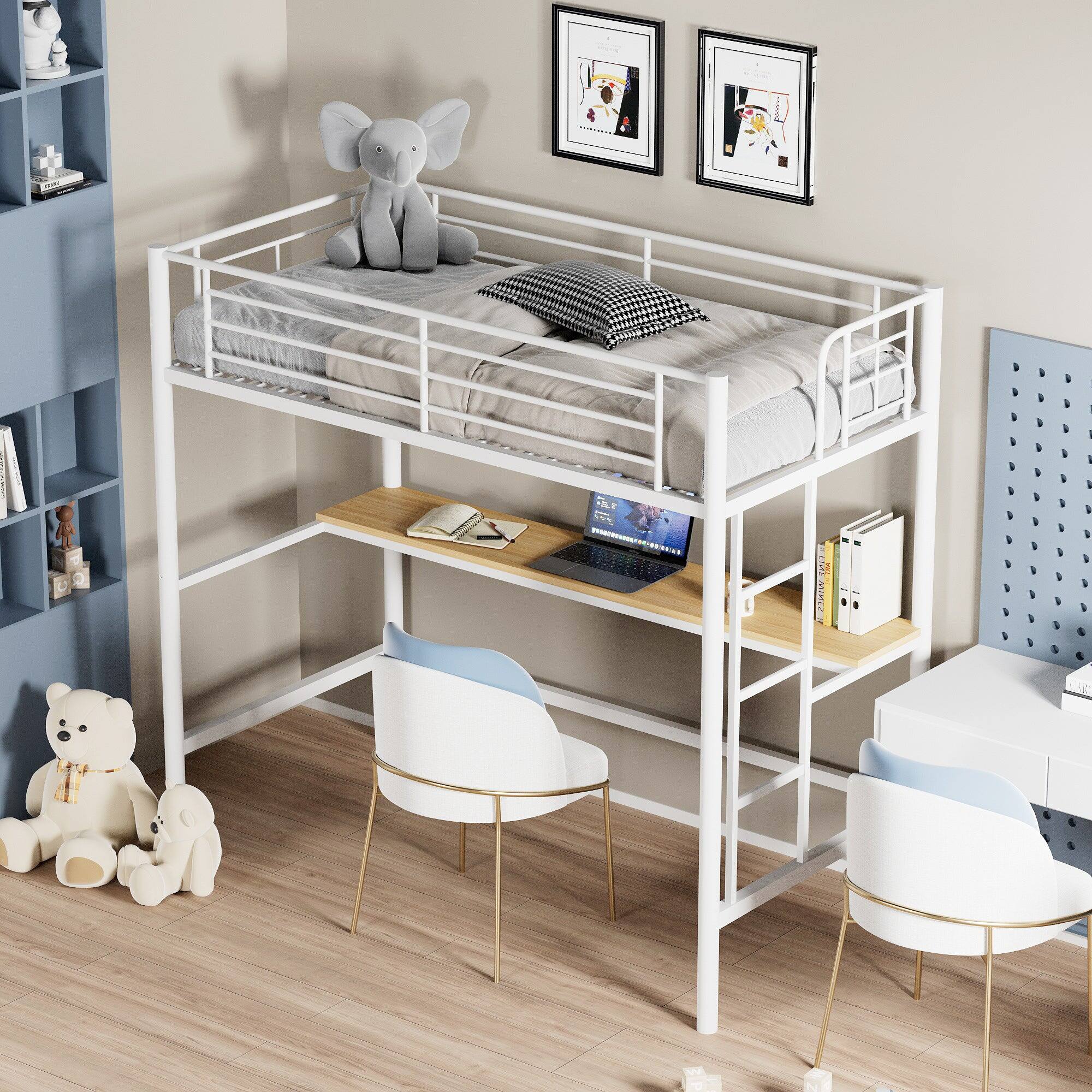 Back. Vecelo - Twin Loft Bed with Desk, Metal Frame with Guardrails, Noise-Free Slats, Reversible Ladder, Space-Saving Design - Nature White.