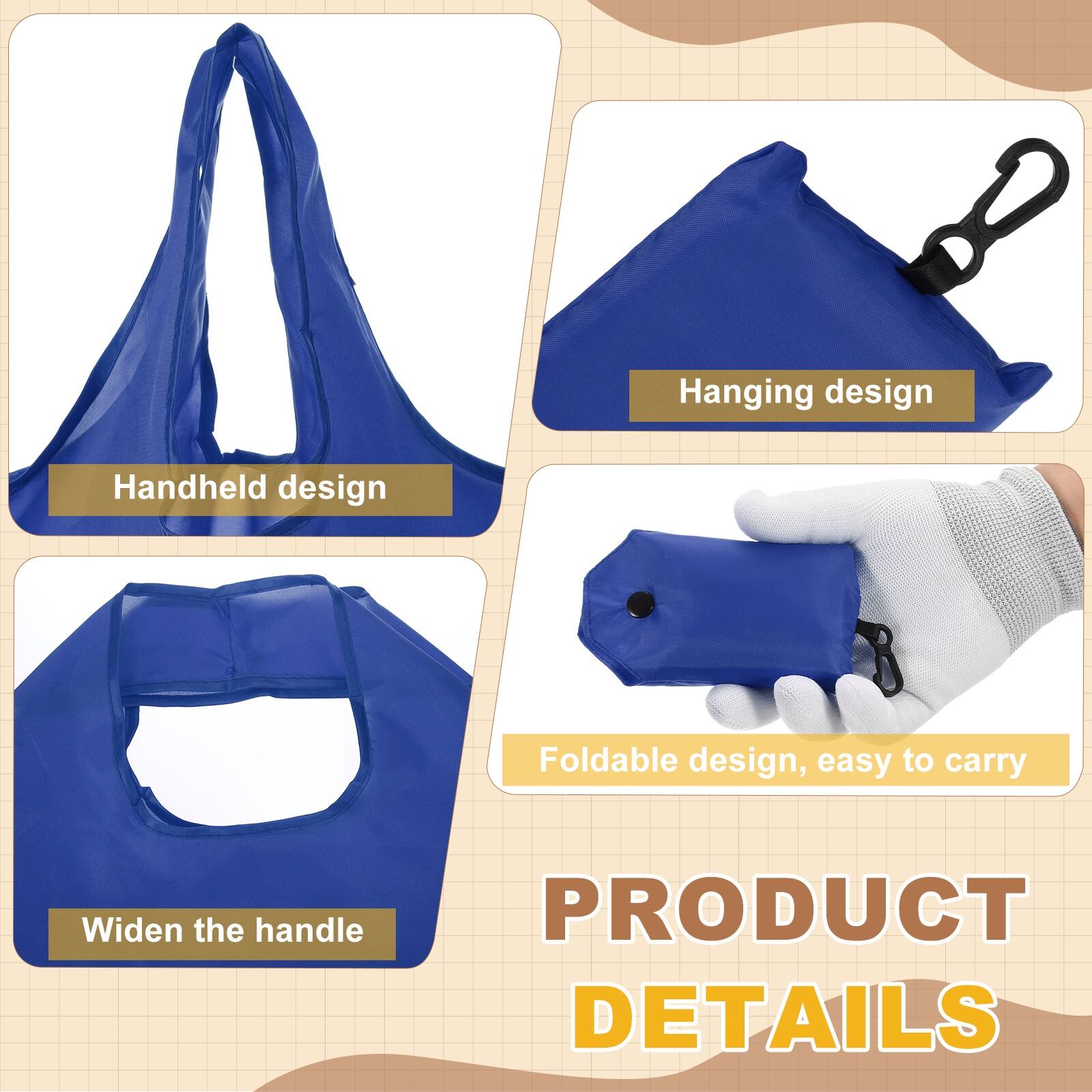 Hanging design  
Handheld design  
Foldable design, easy to carry  
Widen the handle  

PRODUCT DETAILS