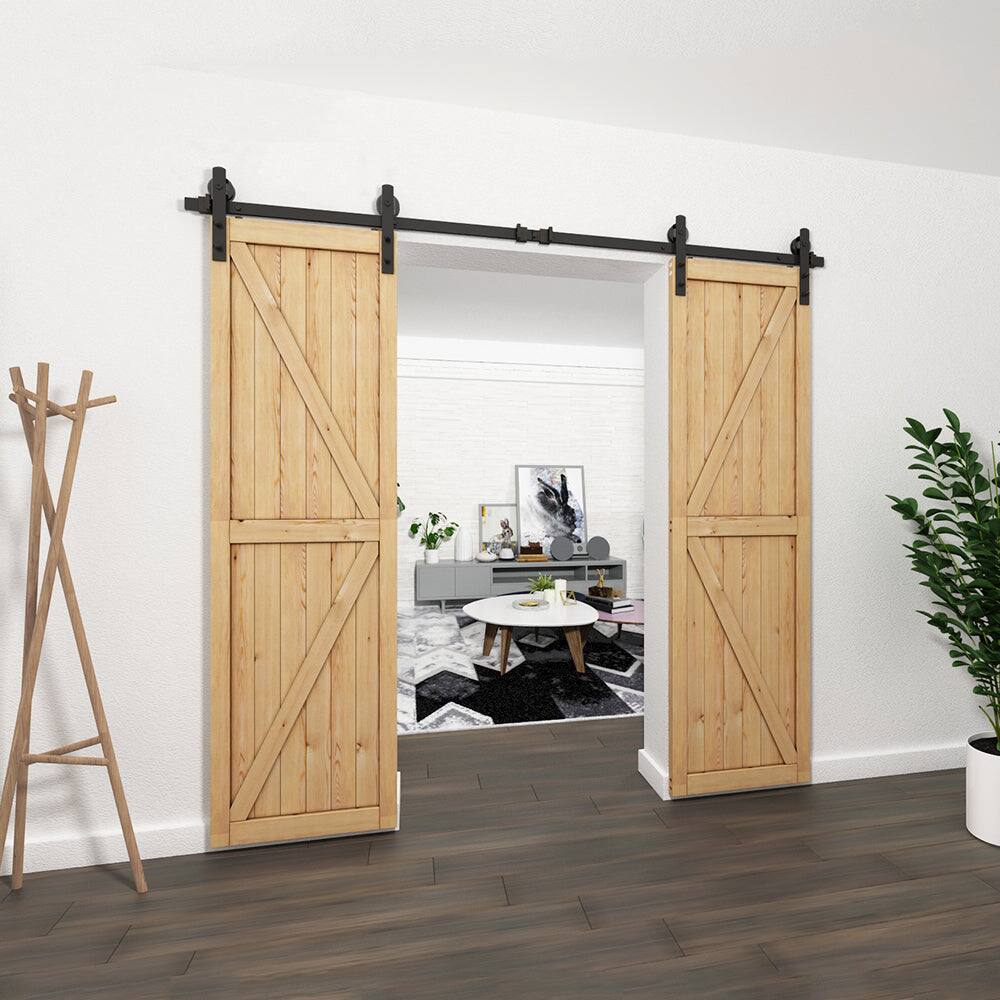 Alt View 4. Boyel Living - 8 ft./96 in. Black Steel Straight Strap Sliding Barn Door Track and Hardware Kit for Double Doors with Floor Guide - Black.