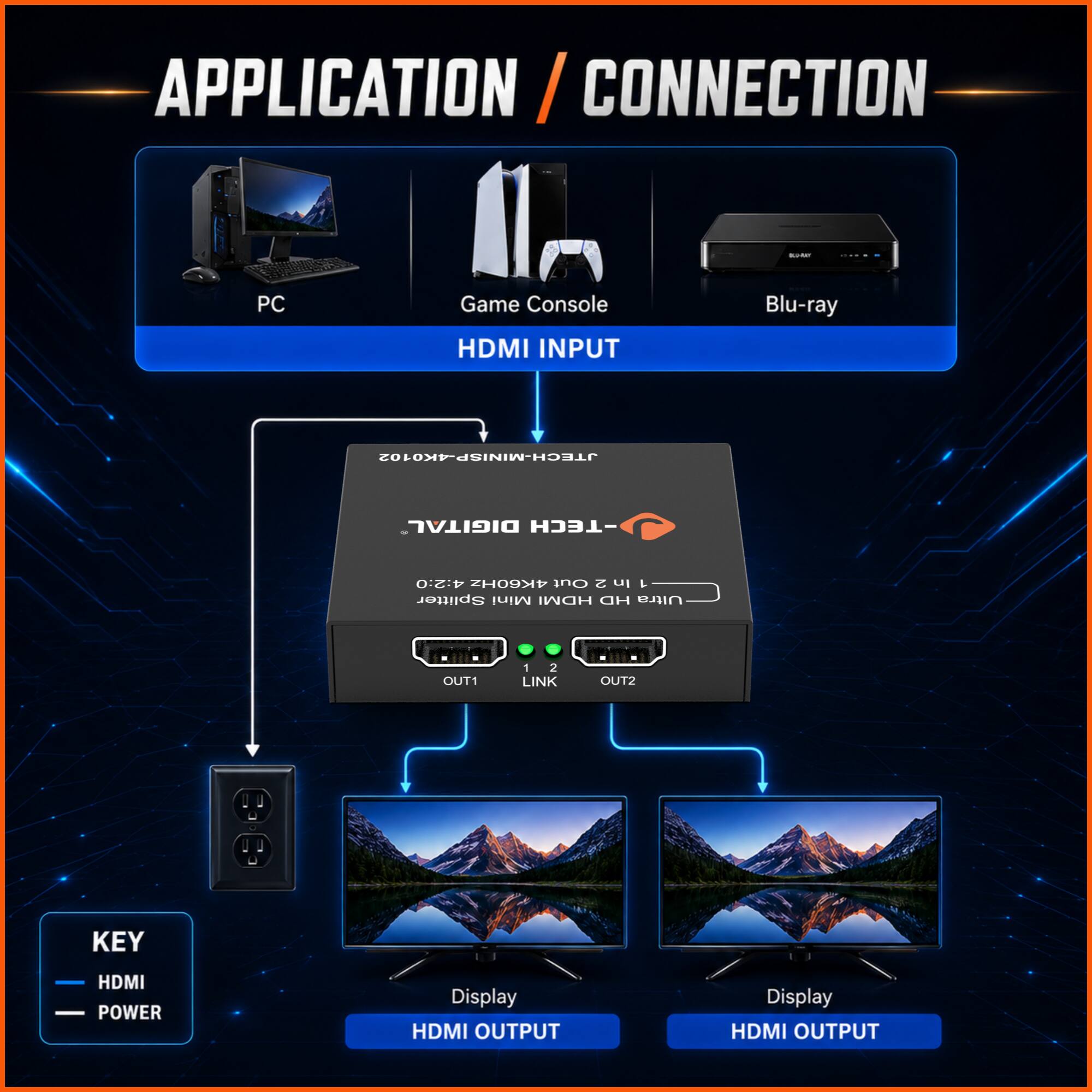 APPLICATION / CONNECTION

PC Game Console Blu-ray

HDMI INPUT

DIGITAL HDMI SPLITTER

JTECH-MINISP-4K0102

DIGITAL HDMI SPLITTER

4:2:0 4K60Hz Out 2 In

1 LINK

OUT1

OUT2

KEY

HDMI

POWER

HDMI OUTPUT

HDMI OUTPUT