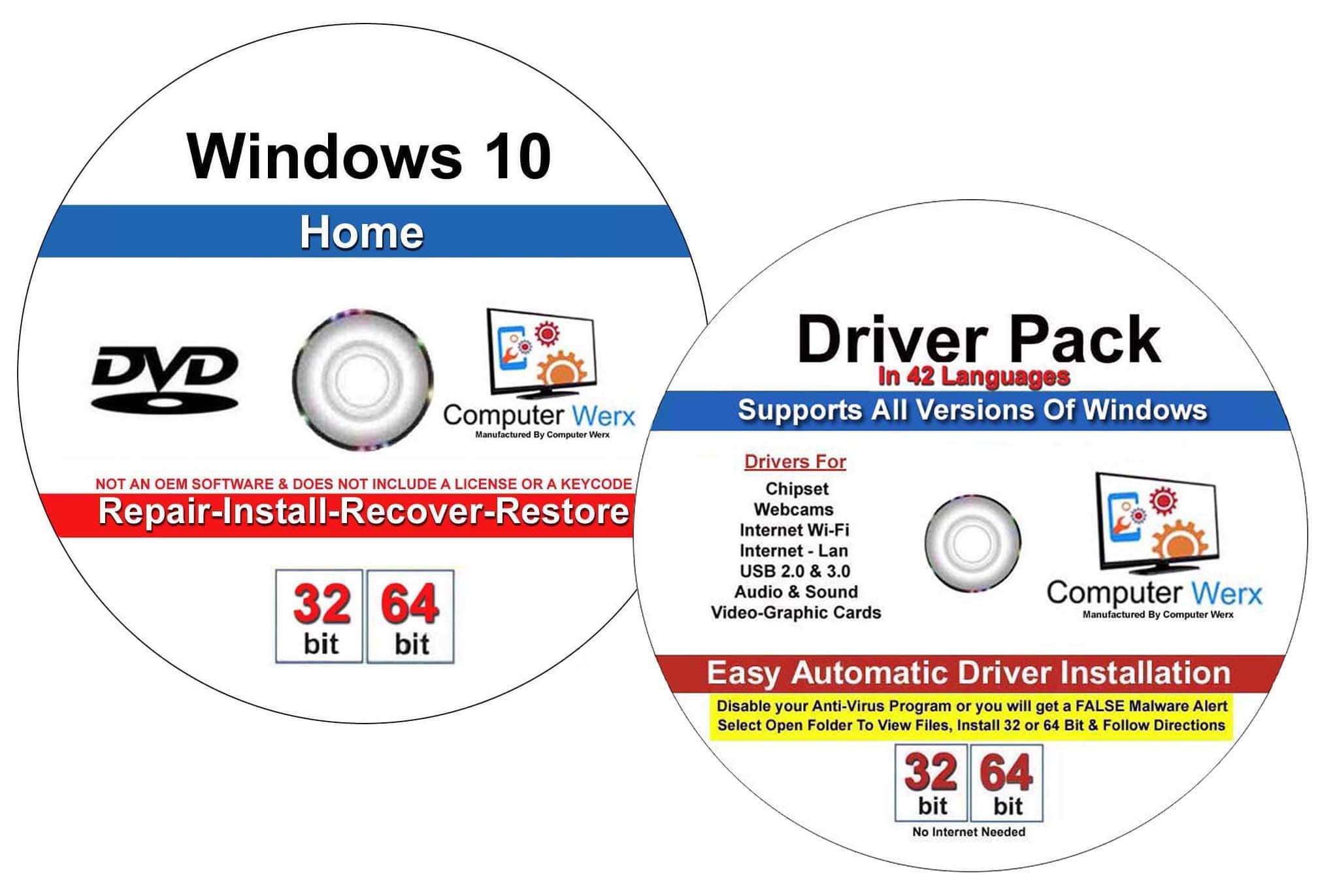 Computer Werx - Windows 10 Home Bootable 32/64 Bit Repair Recover Restore Reinstall DVD & Drivers Pack - Windows