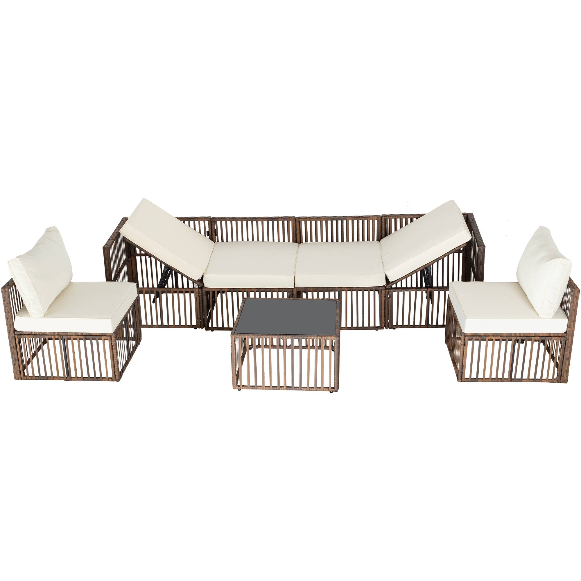 Angle. Ainfox - Ainfo 7 Pieces Outdoor Patio Furniture Set,Wicker Outdoor Sectional Conversation Couch Set for Garden Porch Poolside - brown and white.