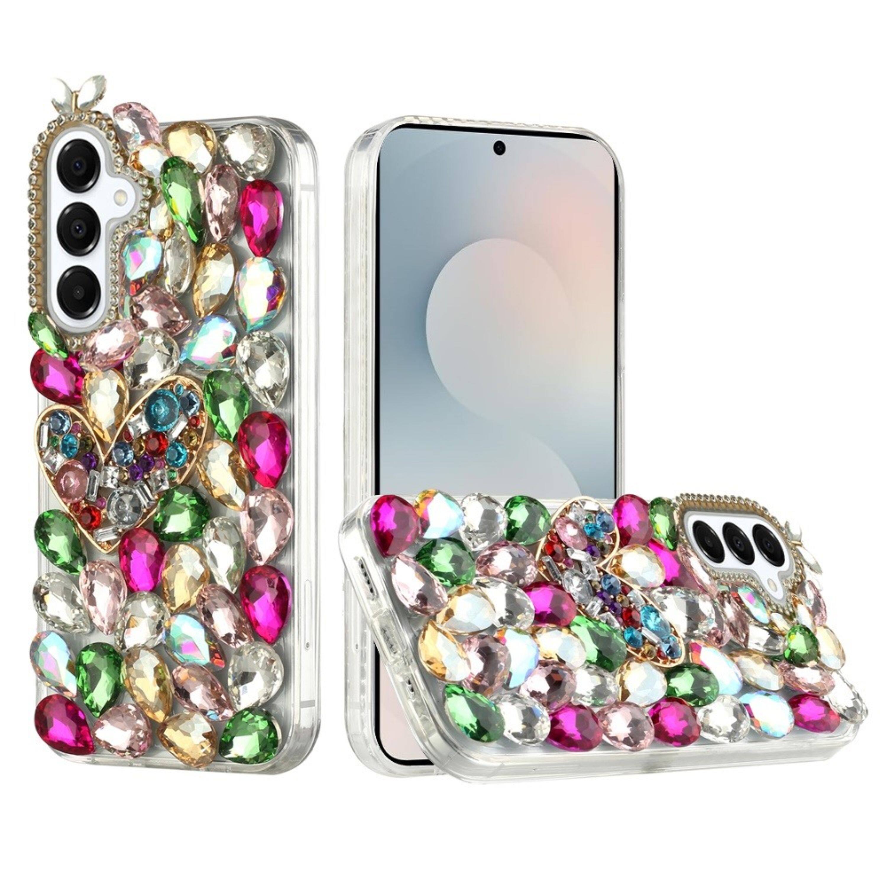 Front. Kitcheniva - Full Diamond Bling 3D Jewel Ornaments Plus Tempered Glass For Samsung S25 FE Colorful Ornaments With Heart - Multicolor.
