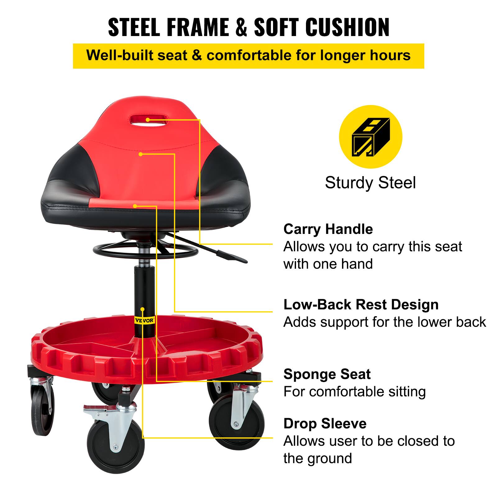 STEEL FRAME & SOFT CUSHION  
Well-built seat & comfortable for longer hours  

Sturdy Steel Carry Handle  
Allows you to carry this seat with one hand  

VEVOR Low-Back Rest Design  
Adds support for the lower back  

Sponge Seat  
For comfortable sitting  

Drop Sleeve  
Allows user to be closed to the ground