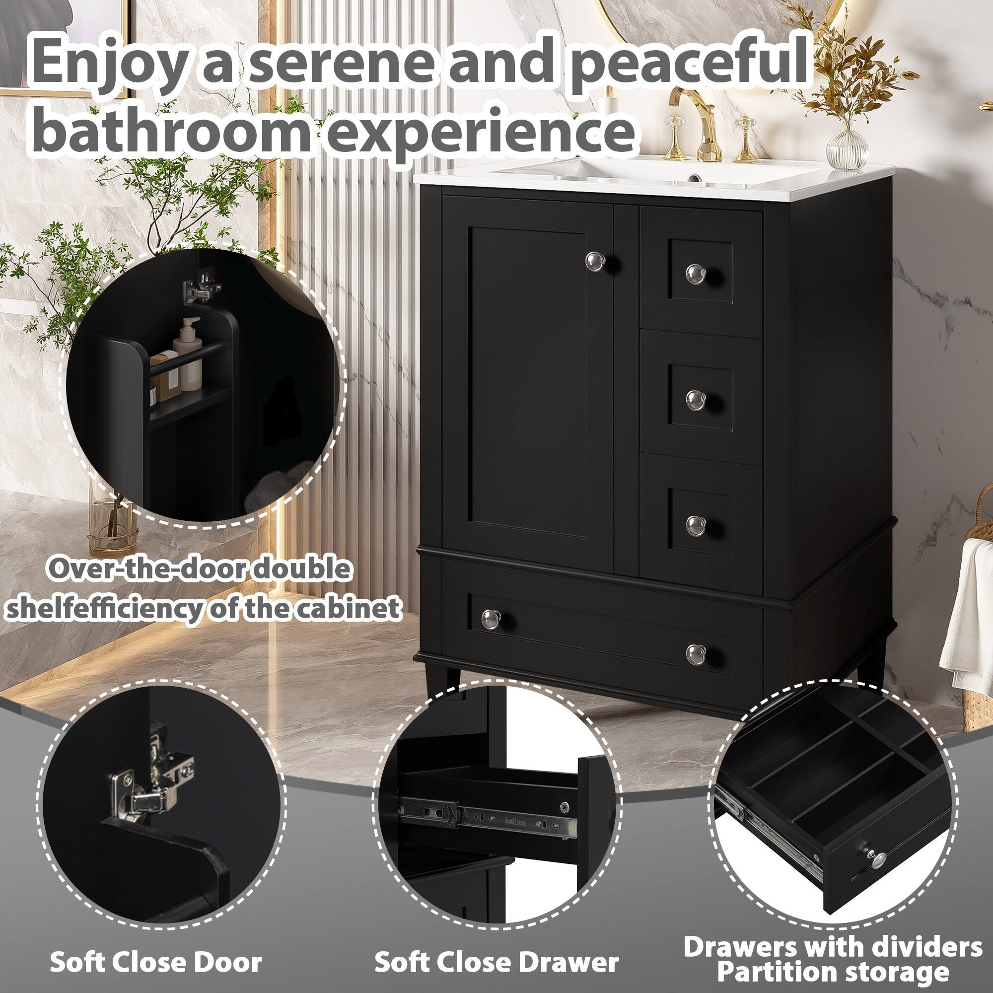 Enjoy a serene and peaceful bathroom experience

- Over-the-door double shelf efficiency of the cabinet
- Soft Close Door
- Soft Close Drawer
- Drawers with dividers Partition storage