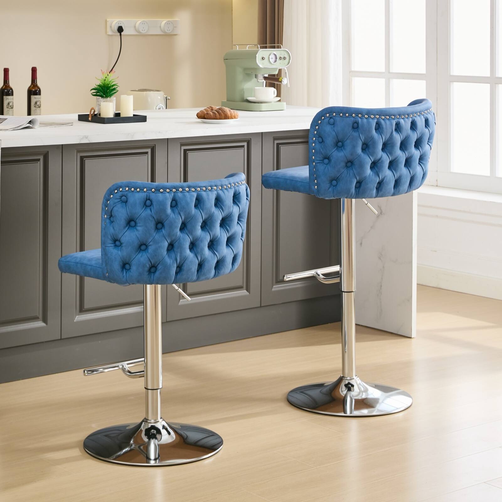 Alt View 2. Trinkets Crazed - Swivel Barstools Set of 2, Adjusatble Seat Height with Silver Legs, Classic PU Upholstered Bar Stools - Blue.