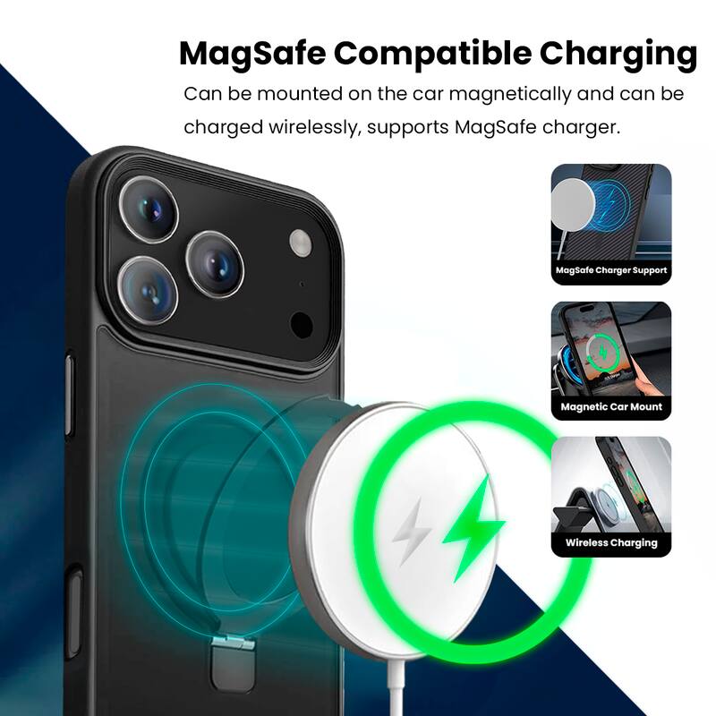 MagSafe Compatible Charging  
Can be mounted on the car magnetically and can be charged wirelessly, supports MagSafe charger.  

- MagSafe Charger Support  
- Magnetic Car Mount  
- Wireless Charging