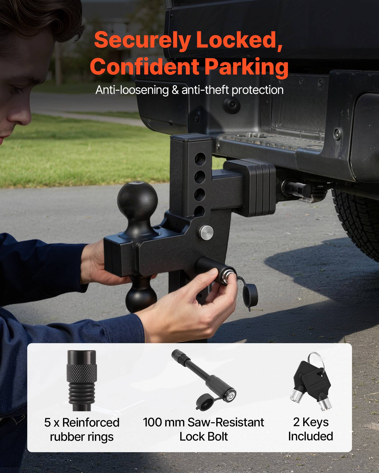 Securely Locked, Confident Parking  
Anti-loosening & anti-theft protection  

5 x Reinforced rubber rings  
100 mm Saw-Resistant Lock Bolt  
2 Keys Included