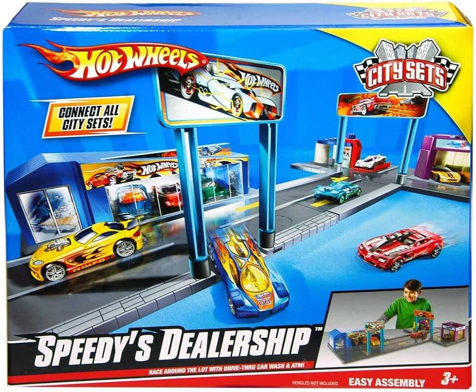 Hot Wheels  
Speedy's Dealership  

CONNECT ALL CITY SETS!  

SPEEDY'S DEALERSHIP  
RACE AROUND THE LOT WITH DRIVE-THRU CAR WASH & ATM!  

CITY SETS  

EASY ASSEMBLY  

3+  

VEHICLES NOT INCLUDED