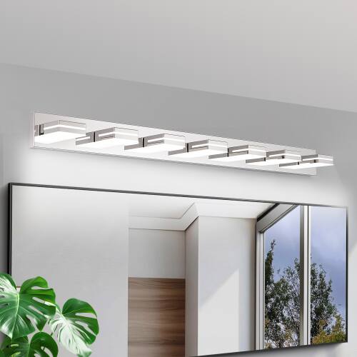 Angle. LUCKY ONE - 7-Light Chrome LED Vanity Light, Wall Mount Sconce for Bathroom Mirror, Sleek Minimalist Design - Chrome.
