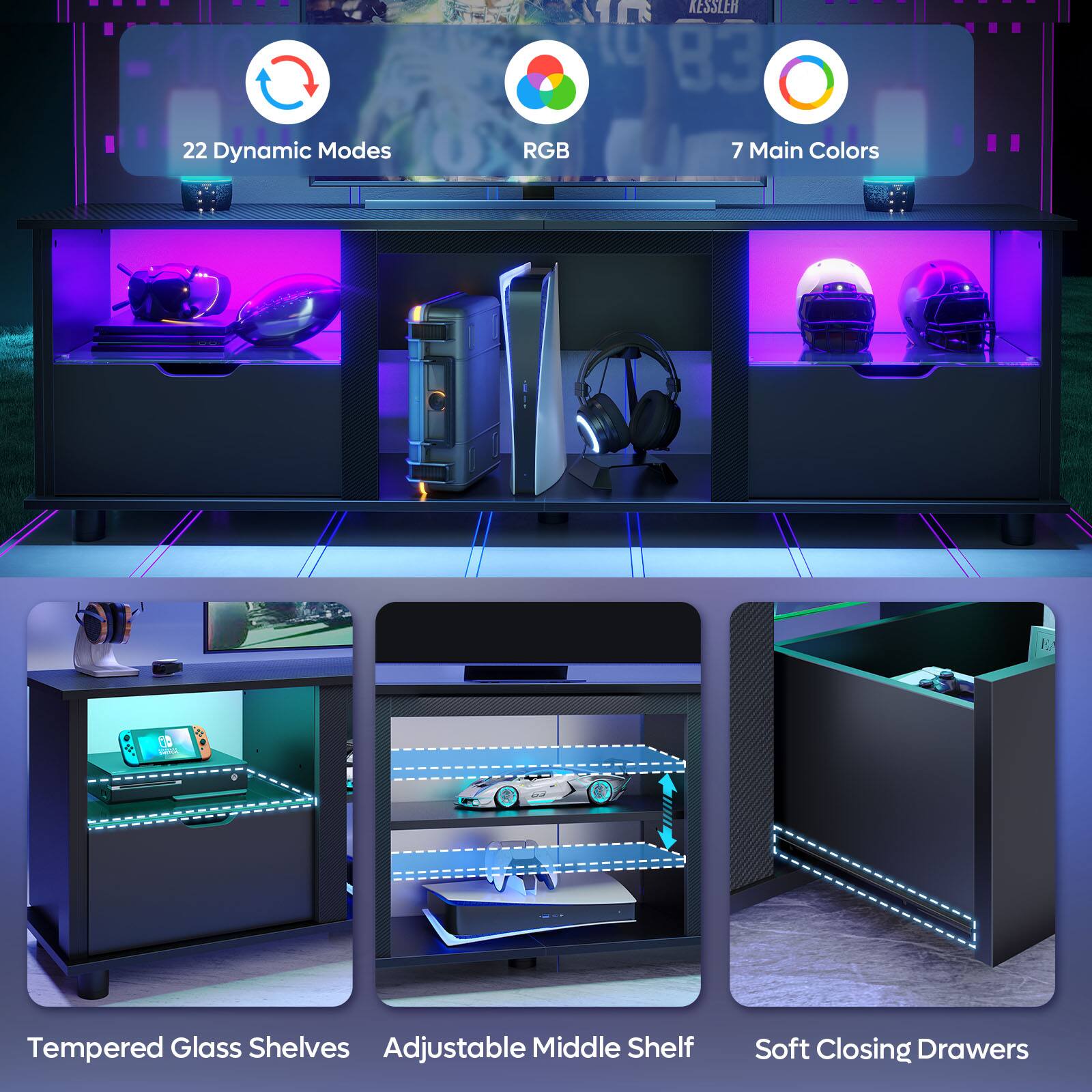 The image features a display case with a variety of items, including a TV, a laptop, and a cell phone. The case is described as having 22 dynamic modes RGB, 83 main colors, and tempered glass shelves. There is also an adjustable middle shelf and soft closing drawers. The display case is designed to showcase these items in an appealing and organized manner.
