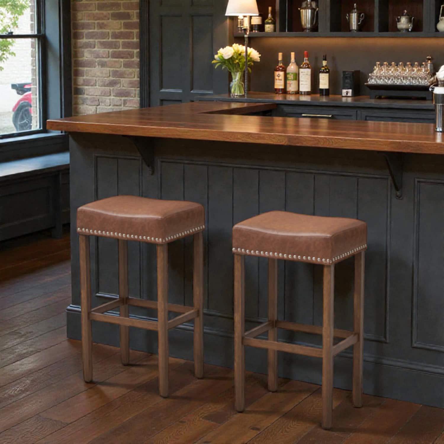 Hivvago - Set of 2 Upholstered Counter Stools with Built-In Footrests - Brown